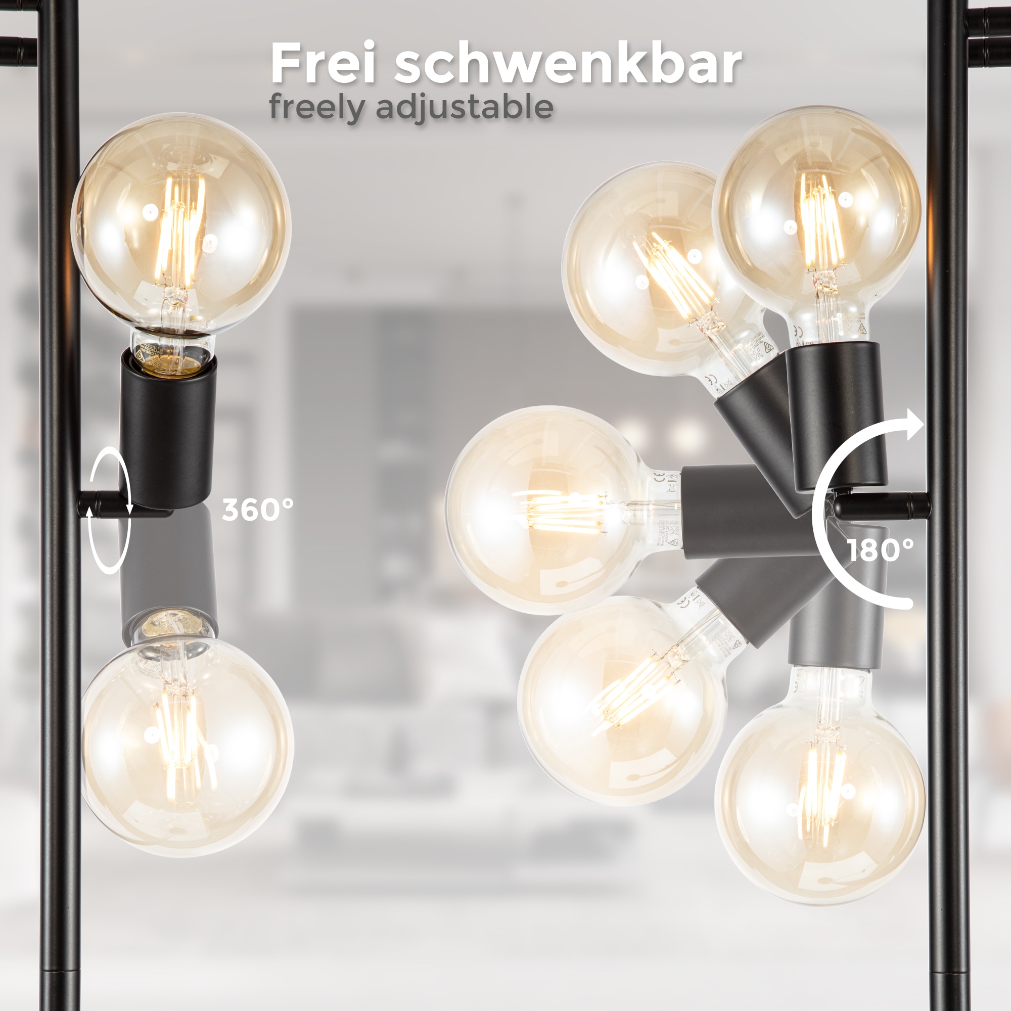 B.K.Licht Stehlampe, 3 flammig, Leuchtmittel E27 | ohne Leuchtmittel, Stehleuchte, 3-flammig, E27, schwenkbar, Retro, Fußschalter, Metall