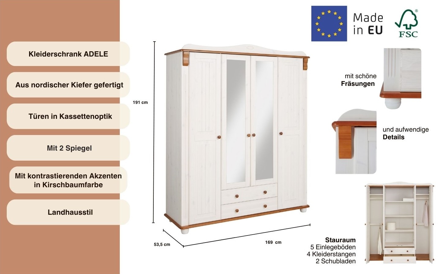 Home affaire Kleiderschrank »Adele«, (4 Breiten: 92/130/169/207 H/T ca. 191/54 cm), aus massiver Kiefer,Spiegel beim 4-und 5-trg.Schrank, Innenausstattung