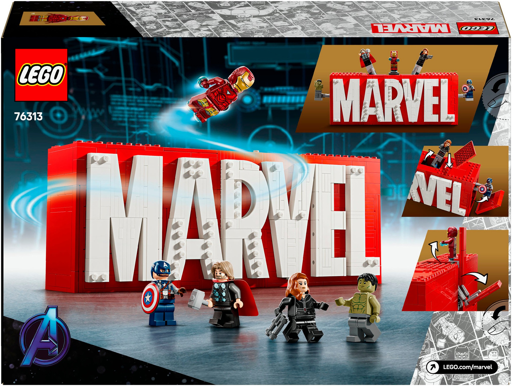 LEGO® Konstruktionsspielsteine »MARVEL Logo & Minifiguren (76313), LEGO Super Heroes«, (931 St.), Made in Europe