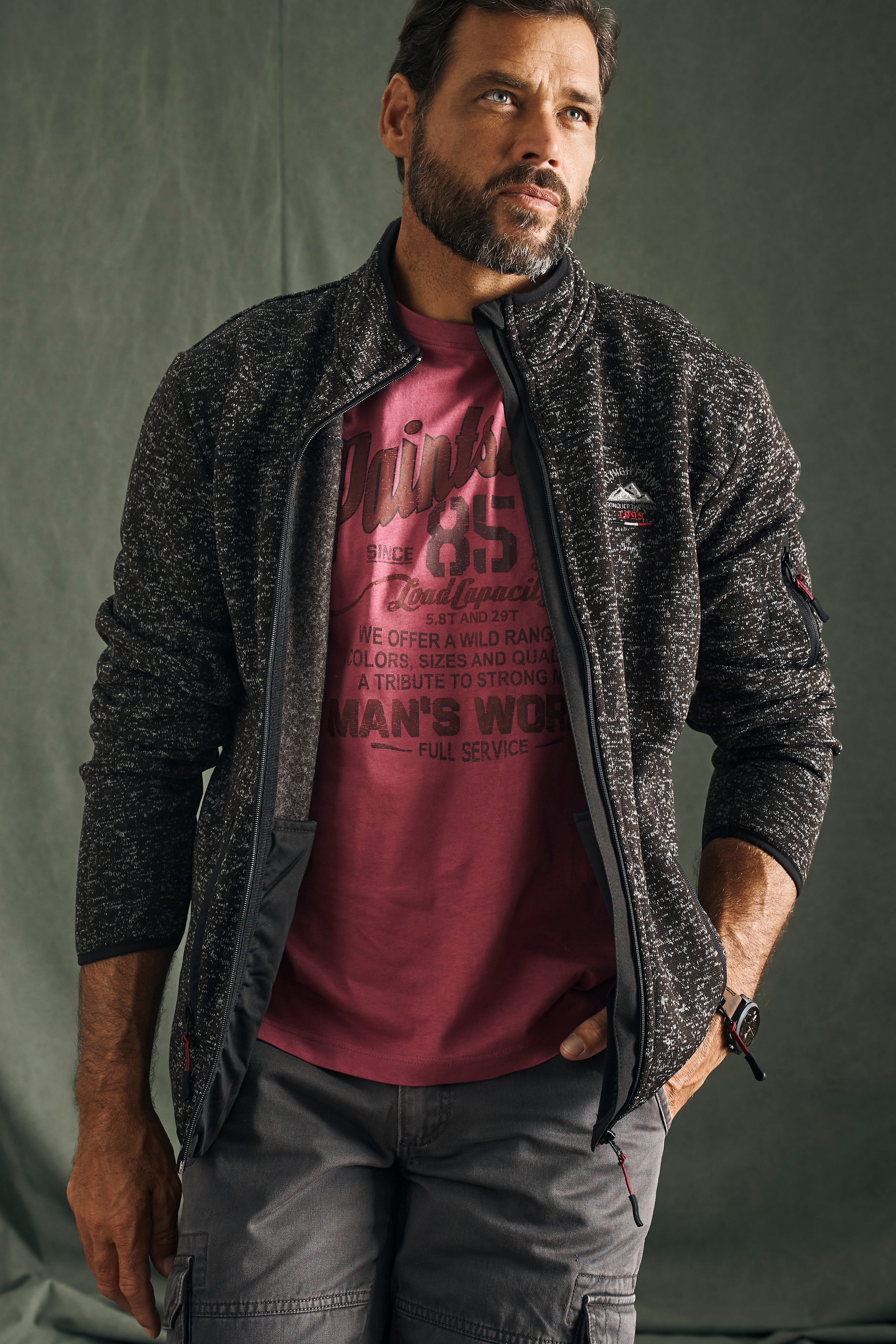 Man's World Strickfleecejacke, für die Übergangszeit, mit Reißverschlusstaschen, mit Stehkragen