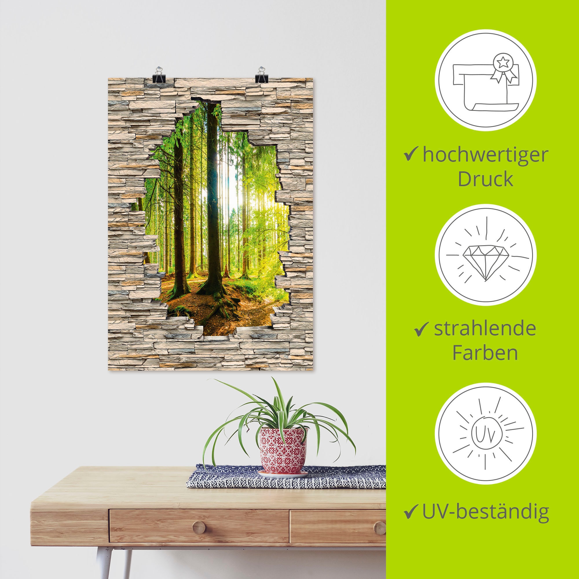 Wandbild Waldbilder, Bach Blick Stein verschied. Alubild, Größen bequem »Wald Mauer«, Poster, (1 bestellen Artland Outdoorbild, mit als Wandaufkleber St.), in