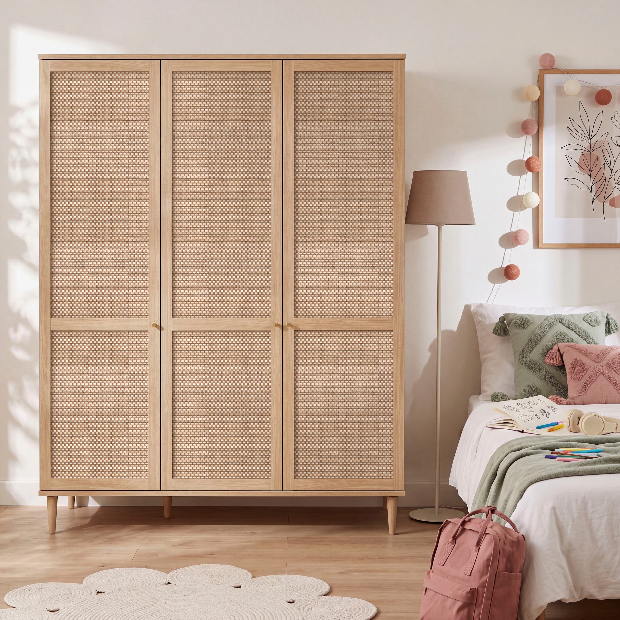 OTTO home Kleiderschrank »ELLIAN mit natürlicher Geflechtoptik und warmem Holzdekor« Holzfüße, Metallgriffe, Made in EU, viel Stauraum, FSC® zertifiziert
