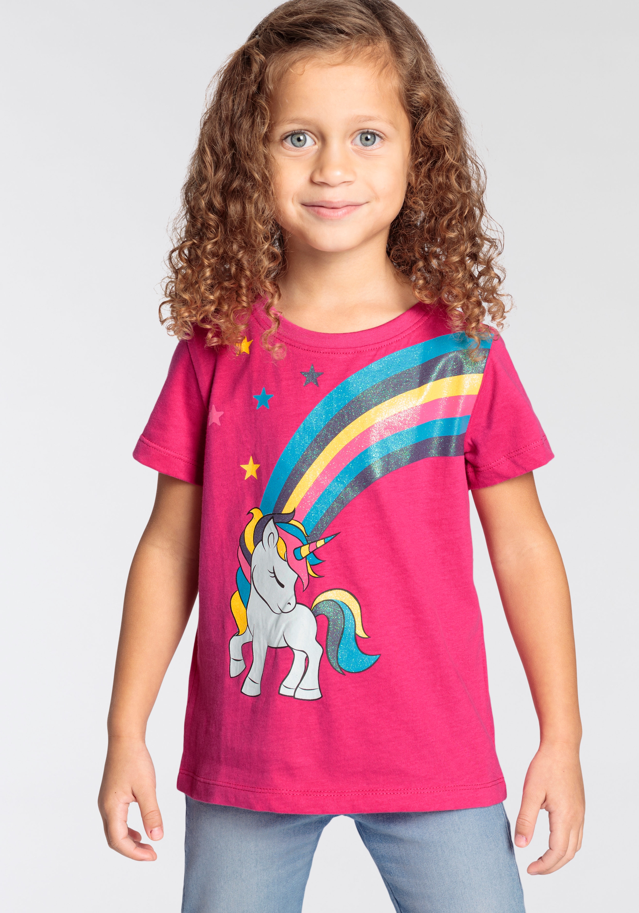 T-Shirt »Einhorn mit Regenbogen«, Kurzarm, hüftlange Passform, bedrucktes Design