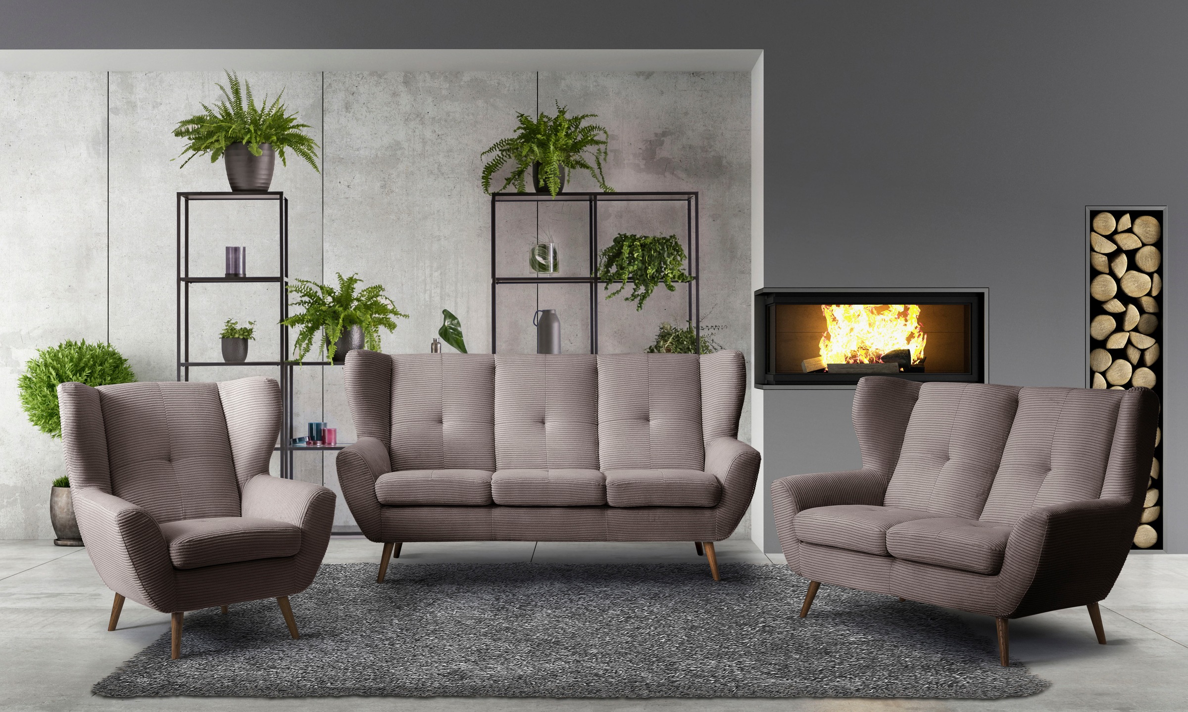 exxpo - sofa fashion Sessel »ALVESTA, Ohrensessel, Loungesessel mit hohem Sitzkomfort«, gemütliche Rückenlehne, mit Knopfheftung und hohen Holzfüßen, in Cord