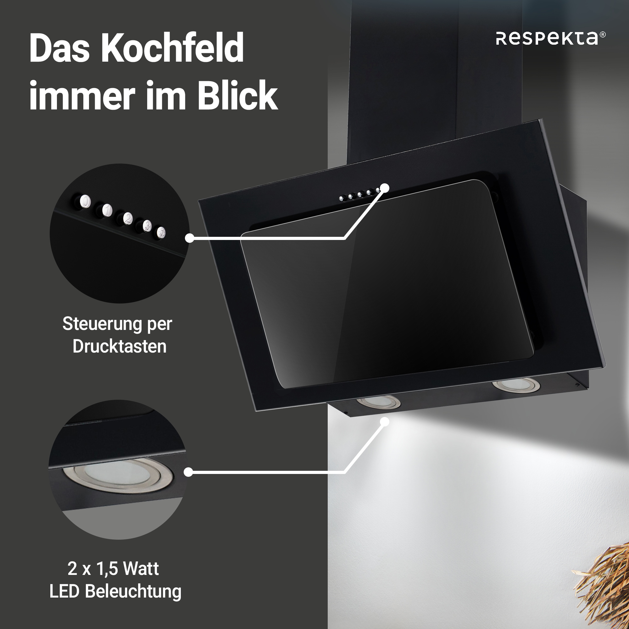 RESPEKTA Kopffreihaube »CH 33060«, 60 cm, 3 Leistungsstufen, LED-Beleuchtung, Ab- und Umluftfähig