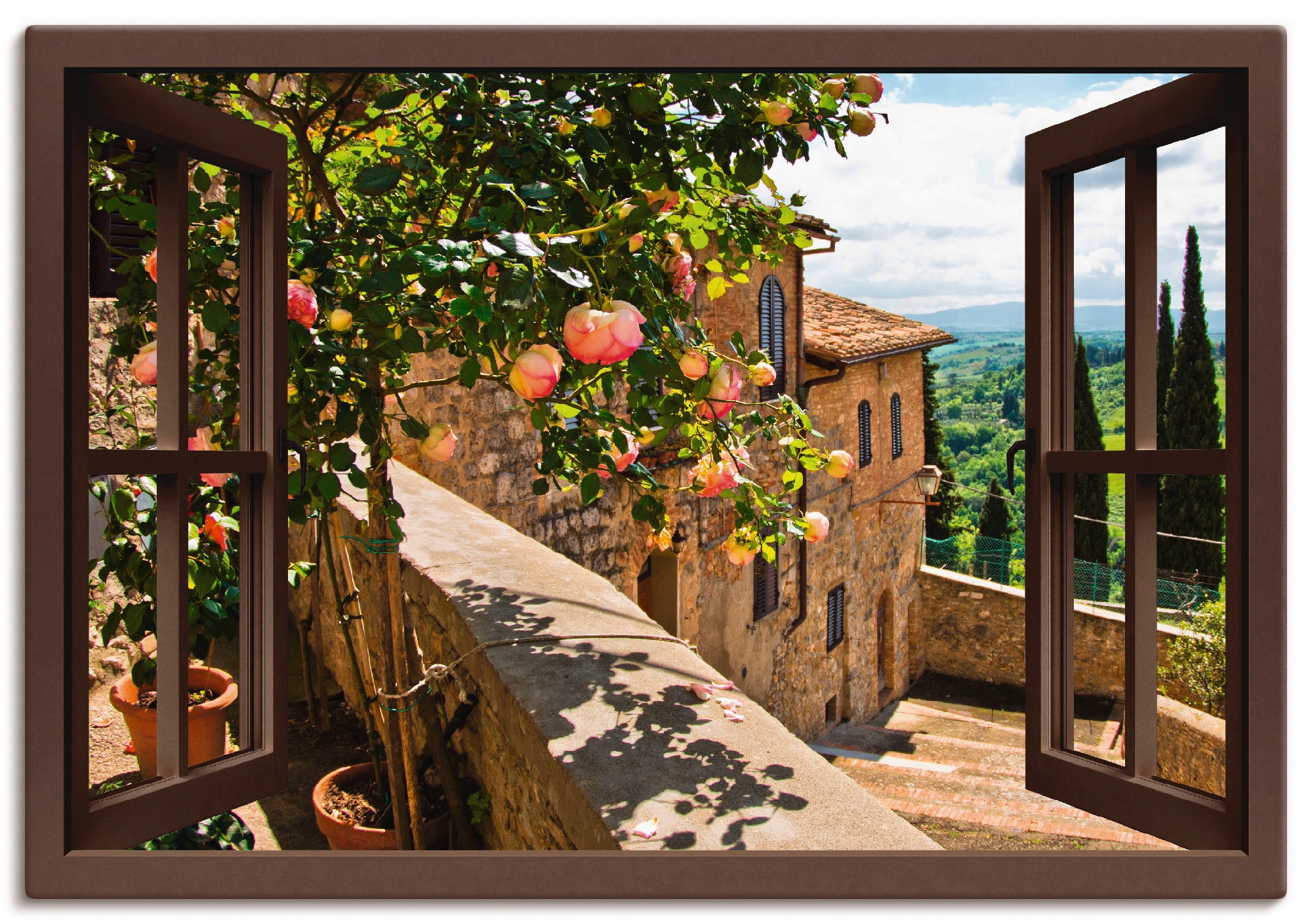 Artland Wandbild »Fensterblick Rosen auf Balkon Toskana«, Garten, (1 St.), als Alubild, Outdoorbild, Leinwandbild, Poster, Wandaufkleber