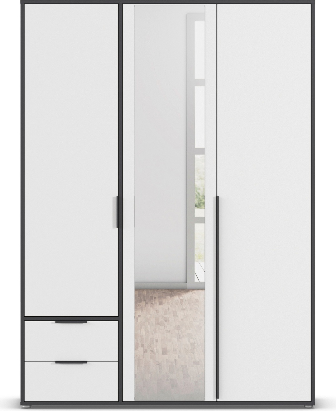 rauch Drehtürenschrank »Kleiderschrank Schrank Garderobe Wäscheschrank NAGATA mit Spiegel« in 3 verschiedenen Ausstattungen BASIC/CLASSIC/PREMIUM,  und Schubladen sowie Stangengriffen TOPSELLER MADE IN GERMANY