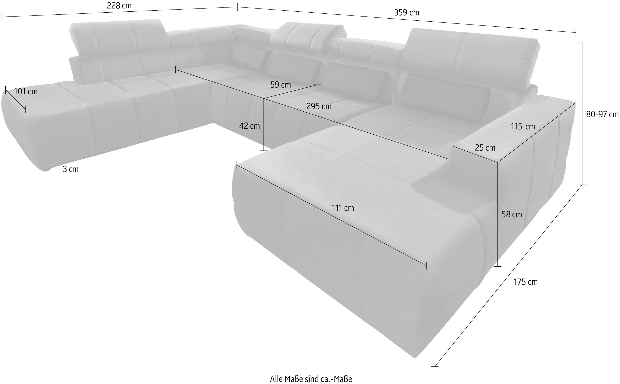 DOMO collection Wohnlandschaft »Brandon, belastbar bis 140kg/ Sitz, B/T: 359/228 cm, U-Form«, mit Sitztiefenverstellung, Cord, grau
