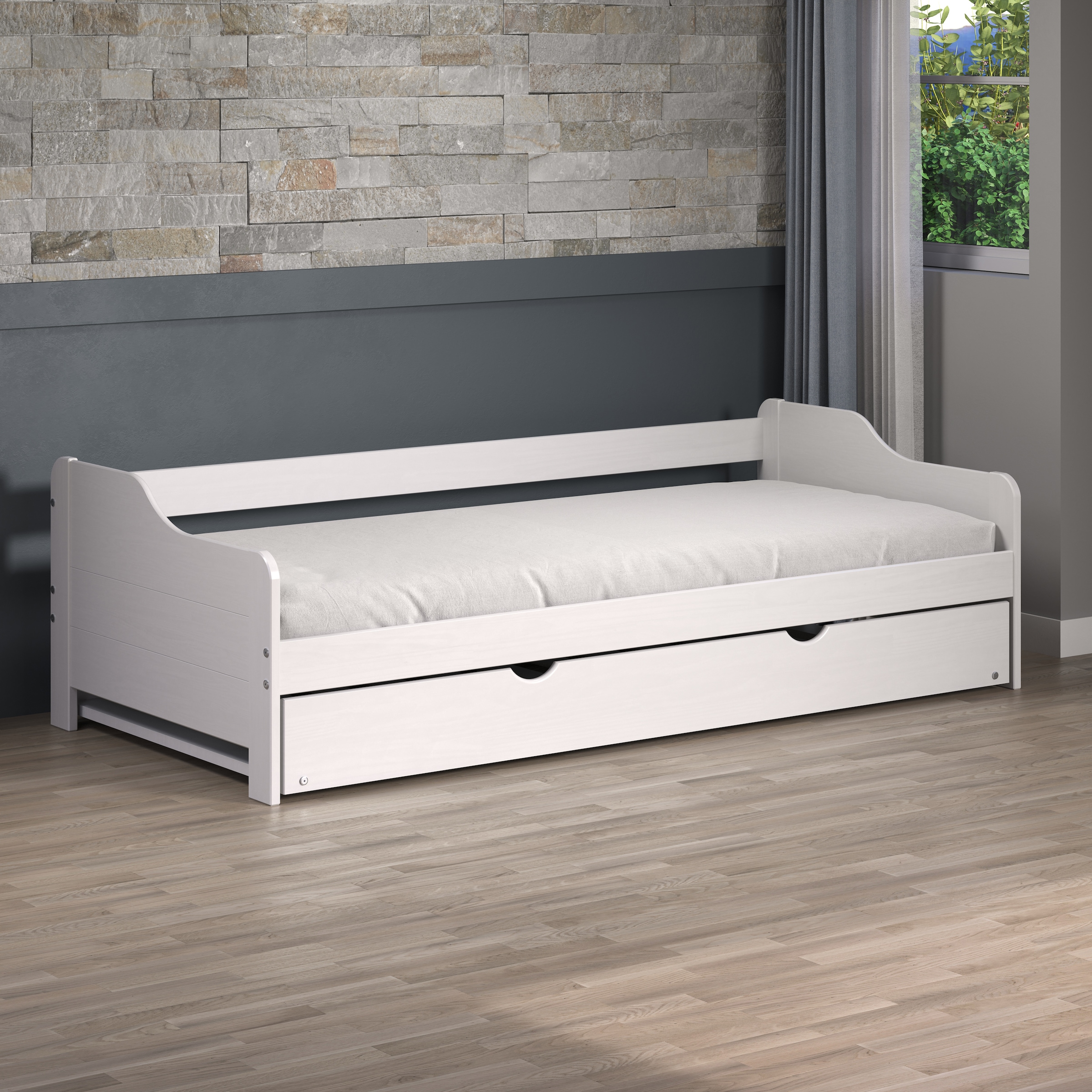 Home affaire Holzbett »Avesta Bett Ausziehbett Daybett Gästebett Funktionsbett«, (1 tlg.), Weißes Massivholz Bett mit Auszieh-Funktion - 90x200 cm Liegefläche