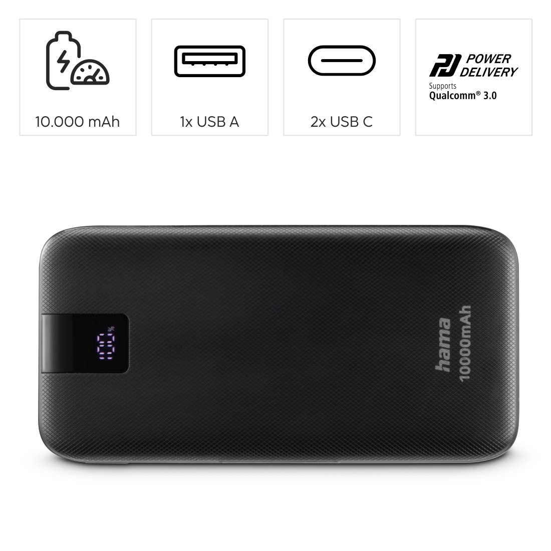 Hama Powerbank »Power Pack 10000 mAh (Schnellladen, 2x USB-C 1x USB-A, mit Ladekabel)«, 10000 mAh, Schnellladefunktion mit Power Delivery, Qualcomm® Quick Carge™ 3.0