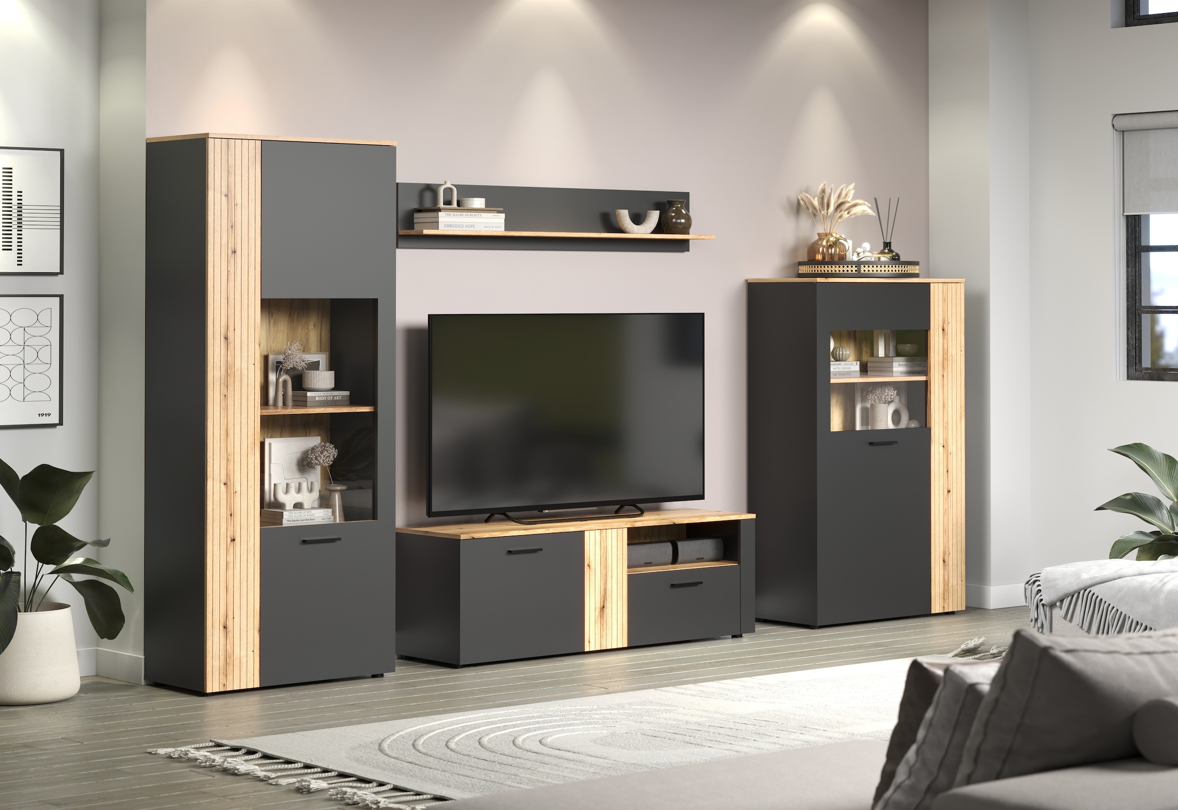INOSIGN Wohnwand »Estepona«, (Komplett-Set, 4 St.), Wohnzimmermöbel mit Rillenoptik - (B/T/H): 340/42/195 cm