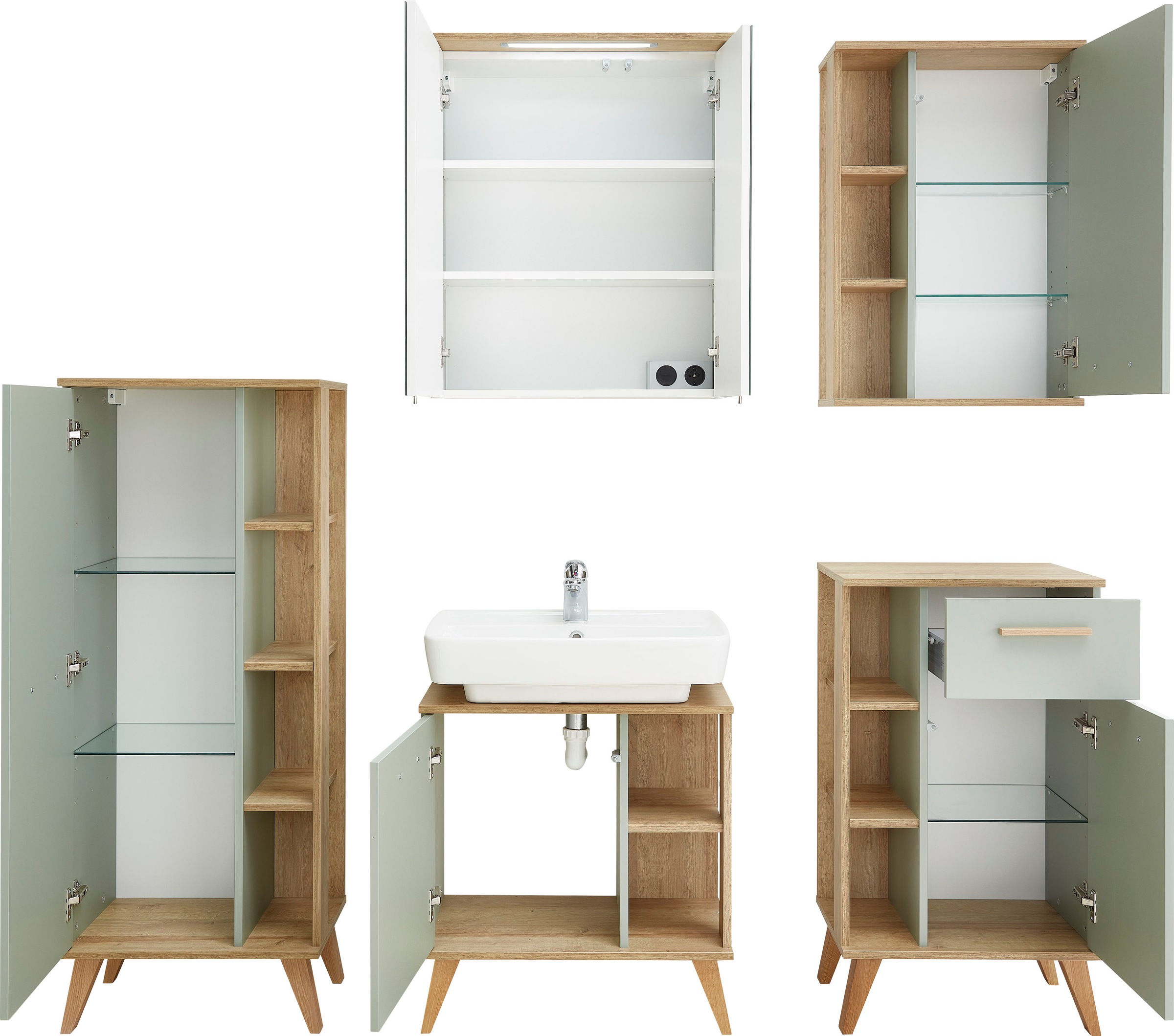 Saphir Badmöbel-Set »Quickset 5-teilig, Waschbeckenunterschrank mit LED-Spiegelschrank«, (5 St.), Unterschrank, Hängeschrank, Midischrank, inkl. Türdämpfer, 6 Türen