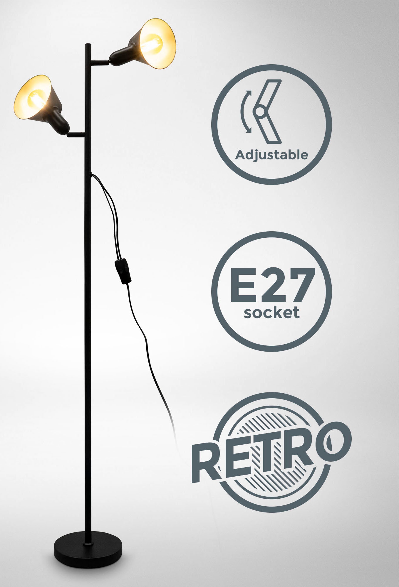 B.K.Licht Stehlampe »BK_ST1556 Design-Stehlampe, inkl.  Doppel-Kippschalter«, 2 flammig-flammig, Schwarz, Metall, 2x E27-Fassung,  H: 142,5cm online kaufen | mit 3 Jahren XXL Garantie