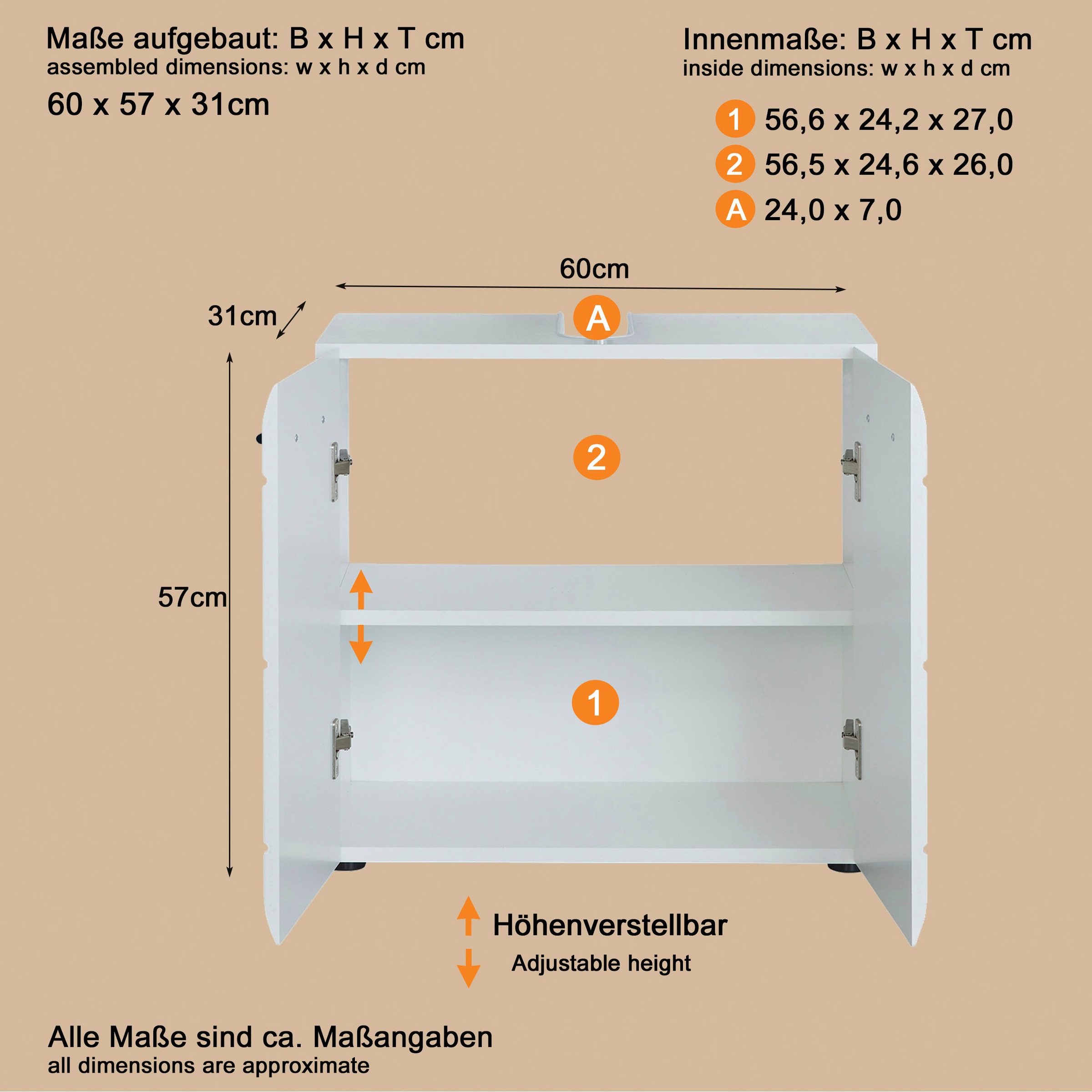 welltime Waschbeckenunterschrank »Sovana« Waschtisch mit verstellbarem Fach - Maße (B/T/H) 60/31/56 cm
