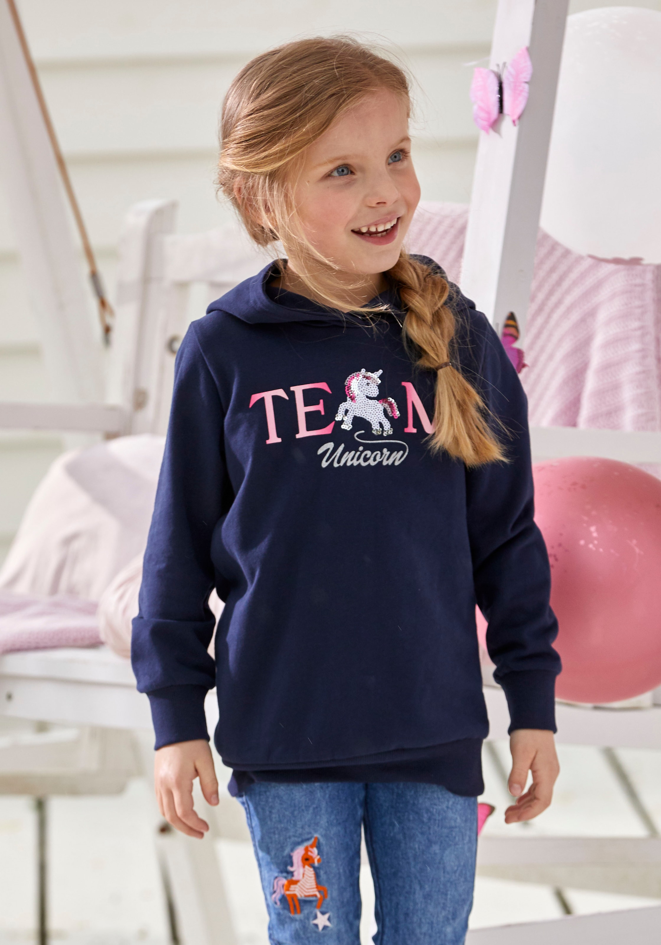 KIDSWORLD Kapuzensweatshirt », Longsweashirt mit Pailletten«, Langarm, Basic-Passform, mit modischem Druck, mit Kapuze