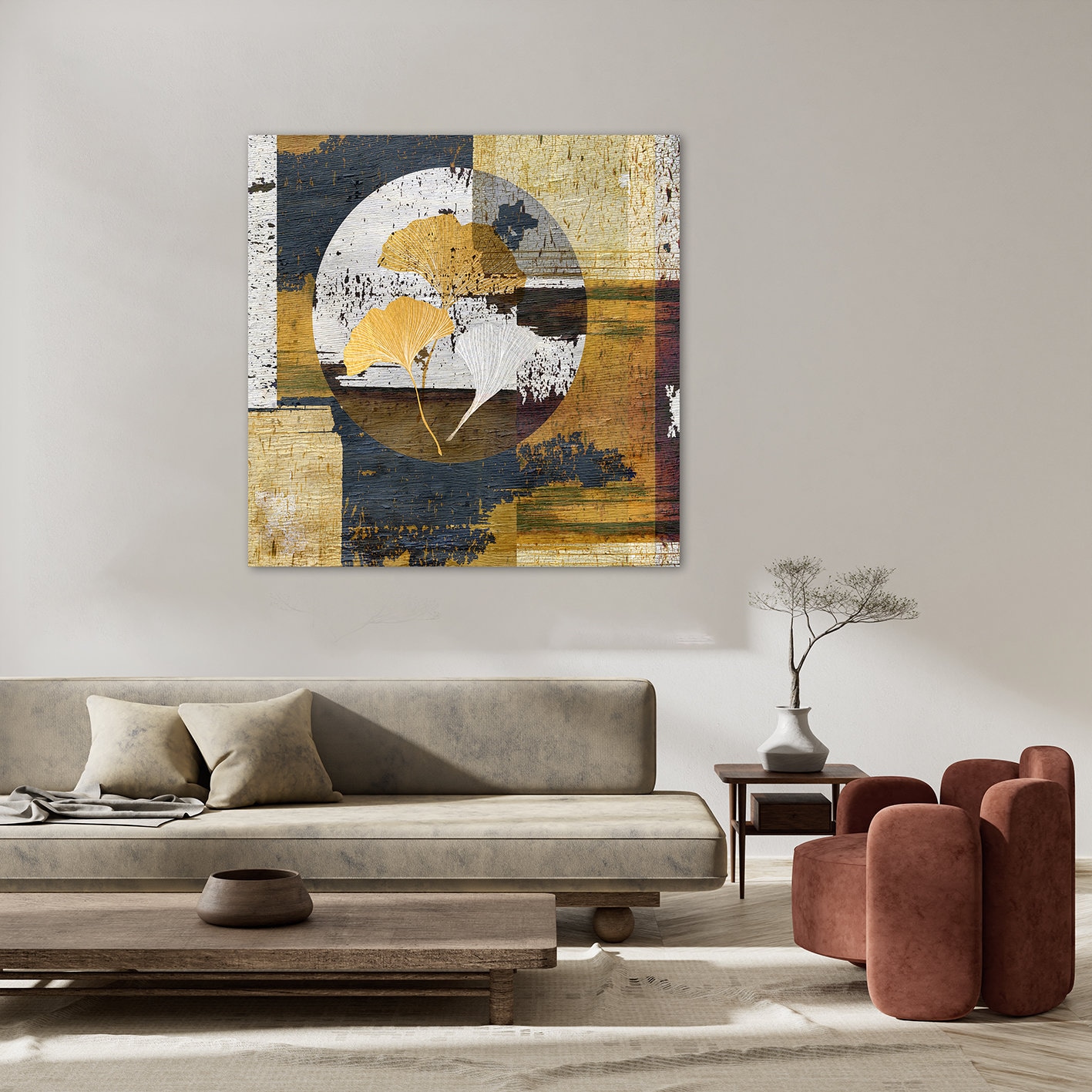 queence Gemälde »Aluminium Bild Goldeffekt Abstrakte Collage Ginkgo« Abstrakt | Blumenbilder | Formen Alu Dibond mit gebürsteter Struktur für einen edlen Metall Effekt