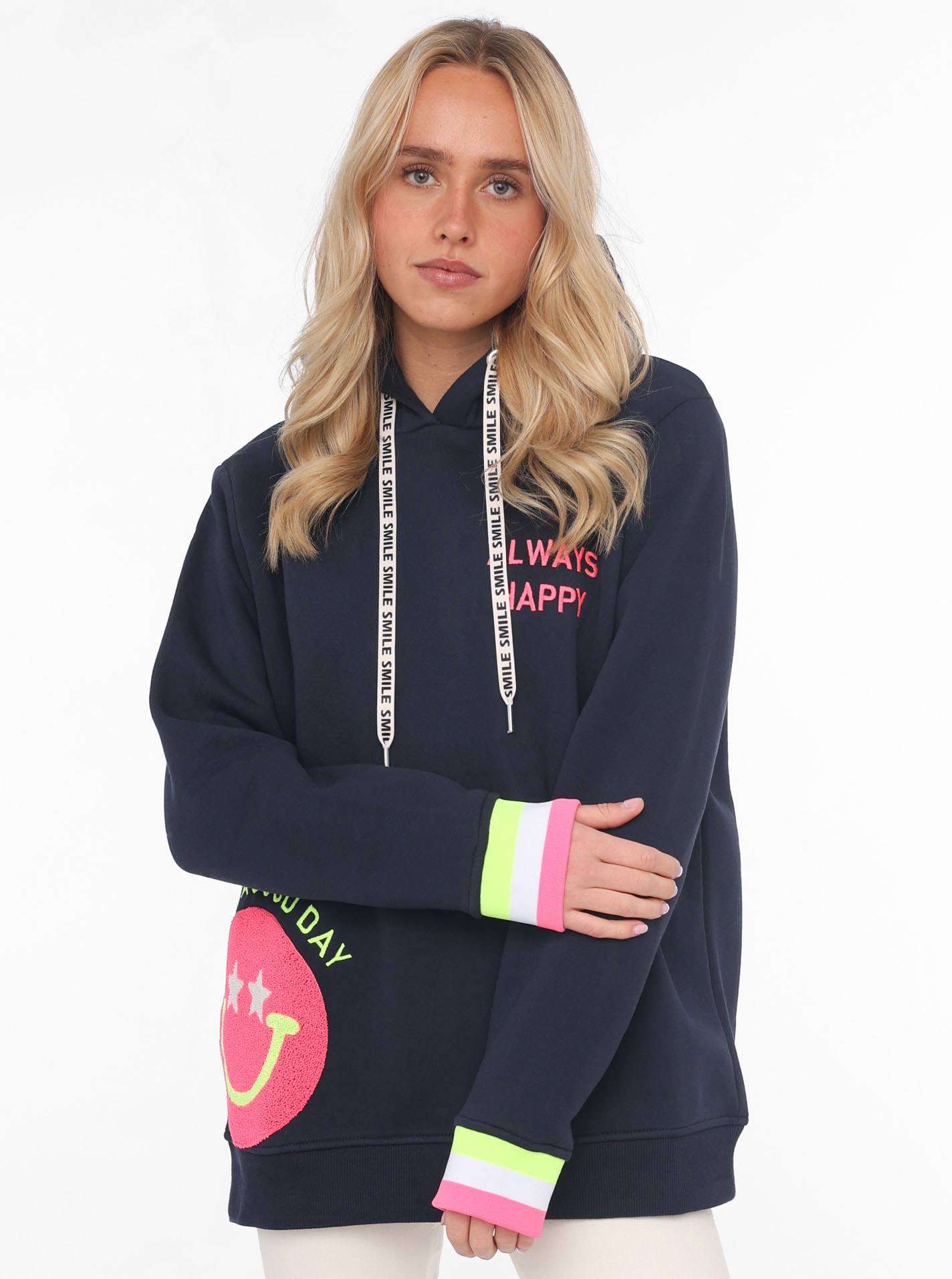 Hoodie »Always Happy«, mit Smiley Aufdruck aus Frottee und Neon Details