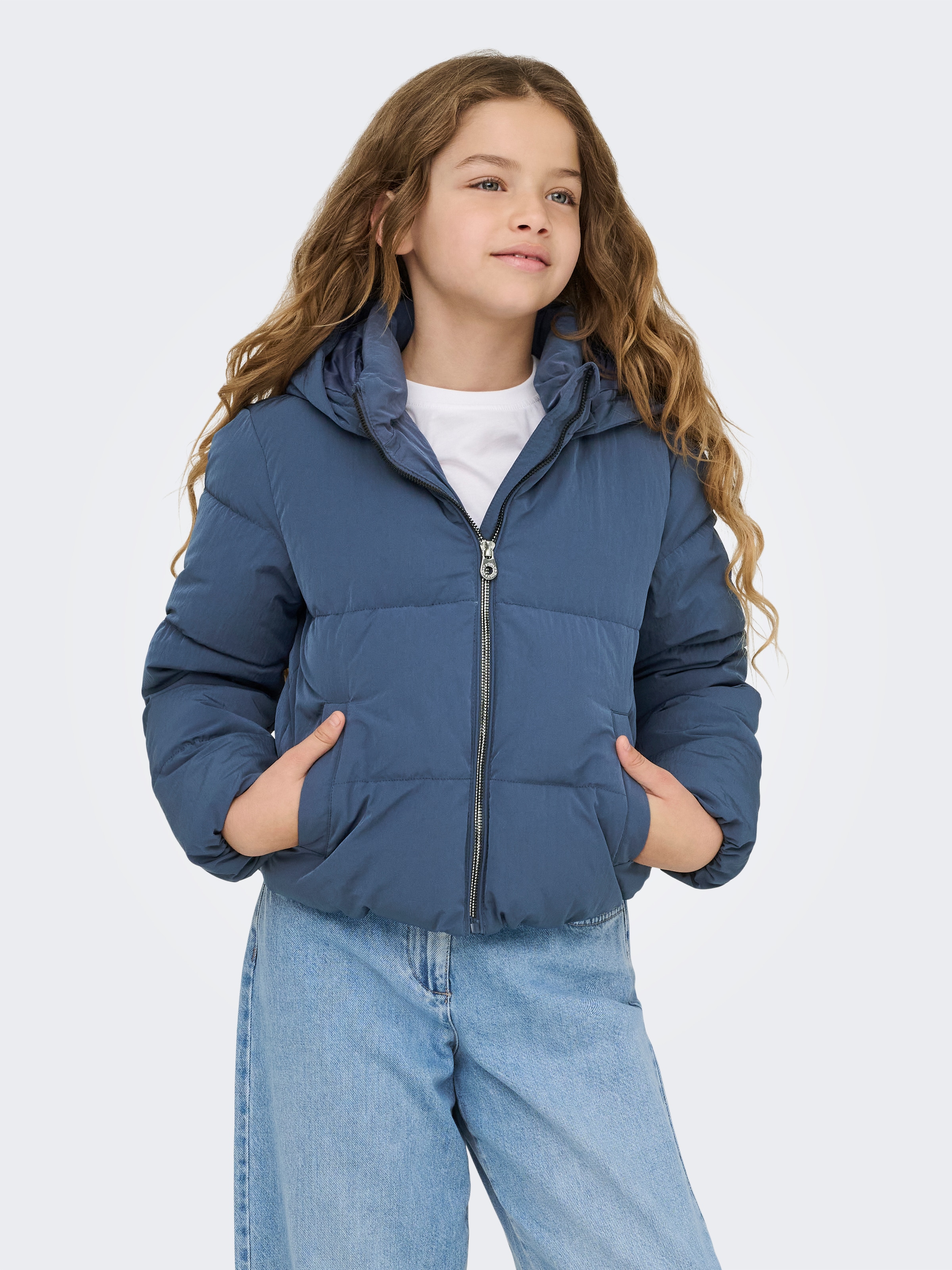 KIDS ONLY, Damen, Steppjacke »KOGDOLLY SHORT PUFFER JACKET OTW« mit Kapuze mit abnehmbarer Kapuze, Vintage Indigo, 140, Vintage Indigo, Steppjacke von