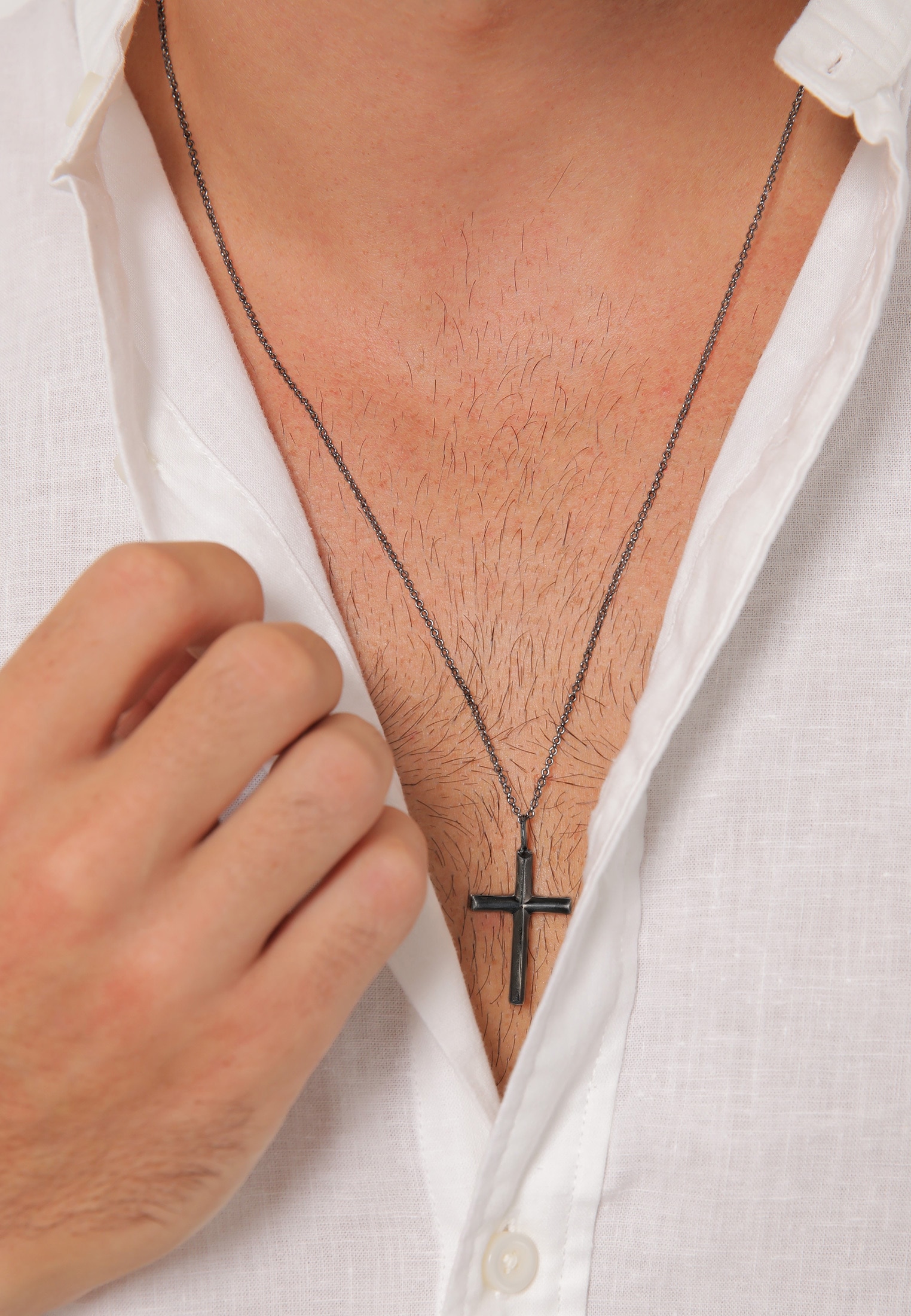 Kuzzoi Lange Kette »Halskette Herren mit Kreuz Oxidiert Massiv 925 Silber«