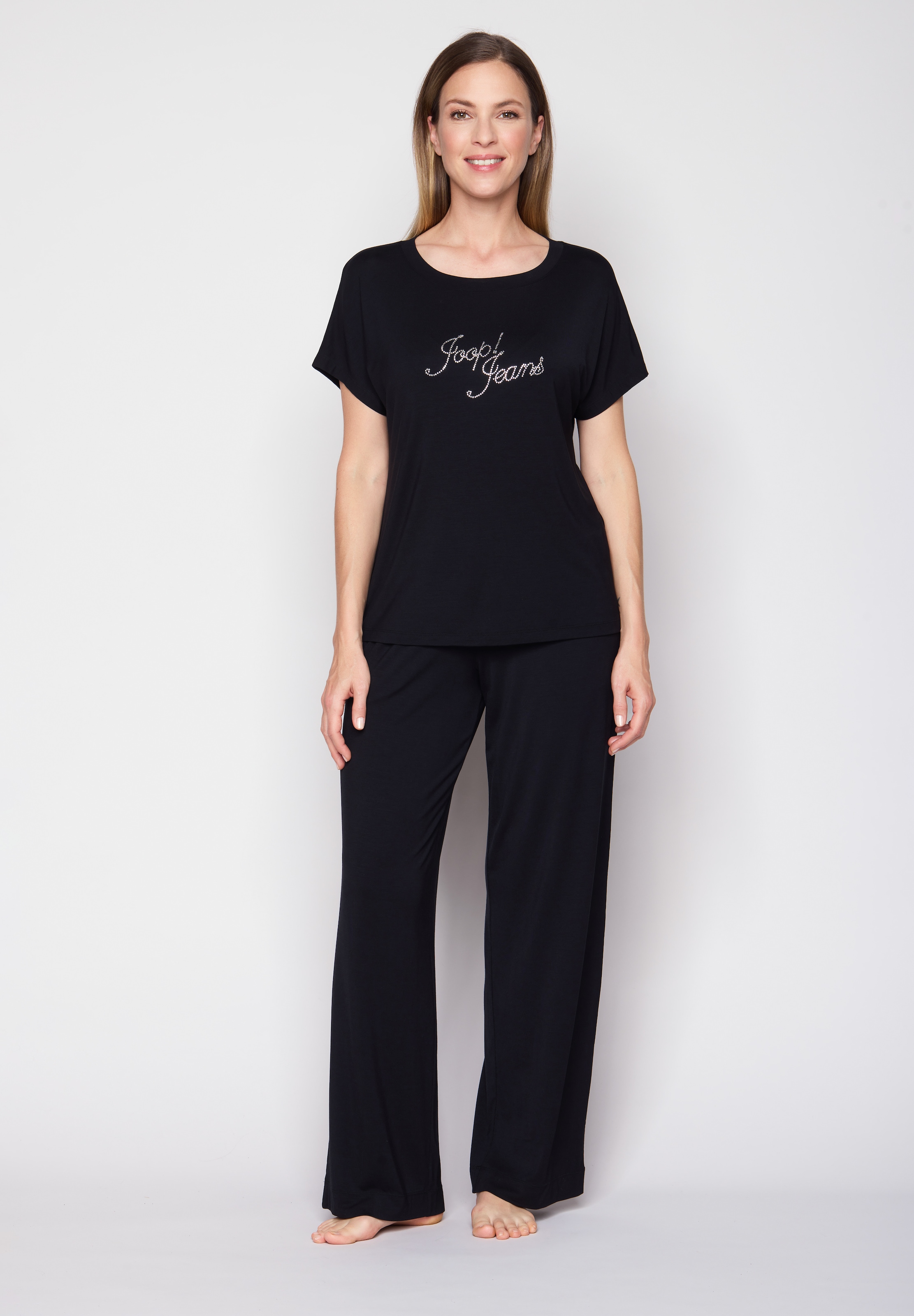 JOOP! Jeans Pyjamaoberteil mit Rundhalsausschnitt und kurzen Ärmeln, Logo mit Glitzersteinen