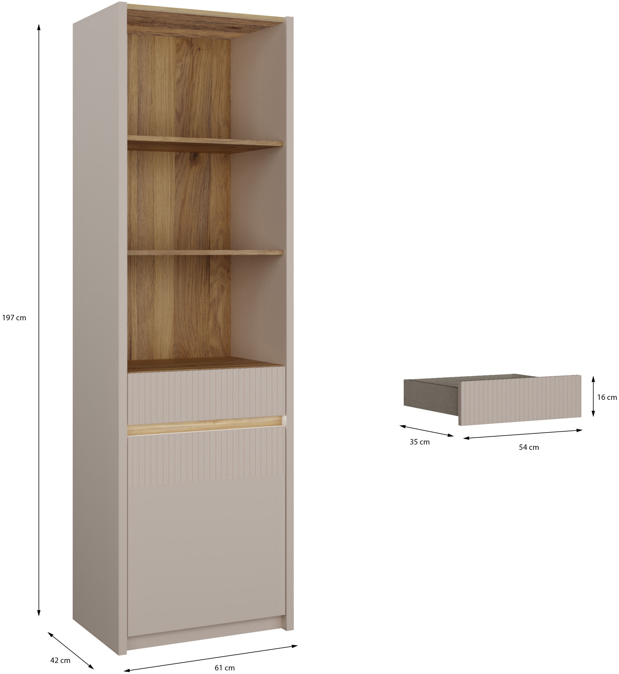 FORTE Stauraumregal »Oak Squere« Schubkasten mit Vollauszug, Front Lamellenoptik, inklusive Beleuchtung