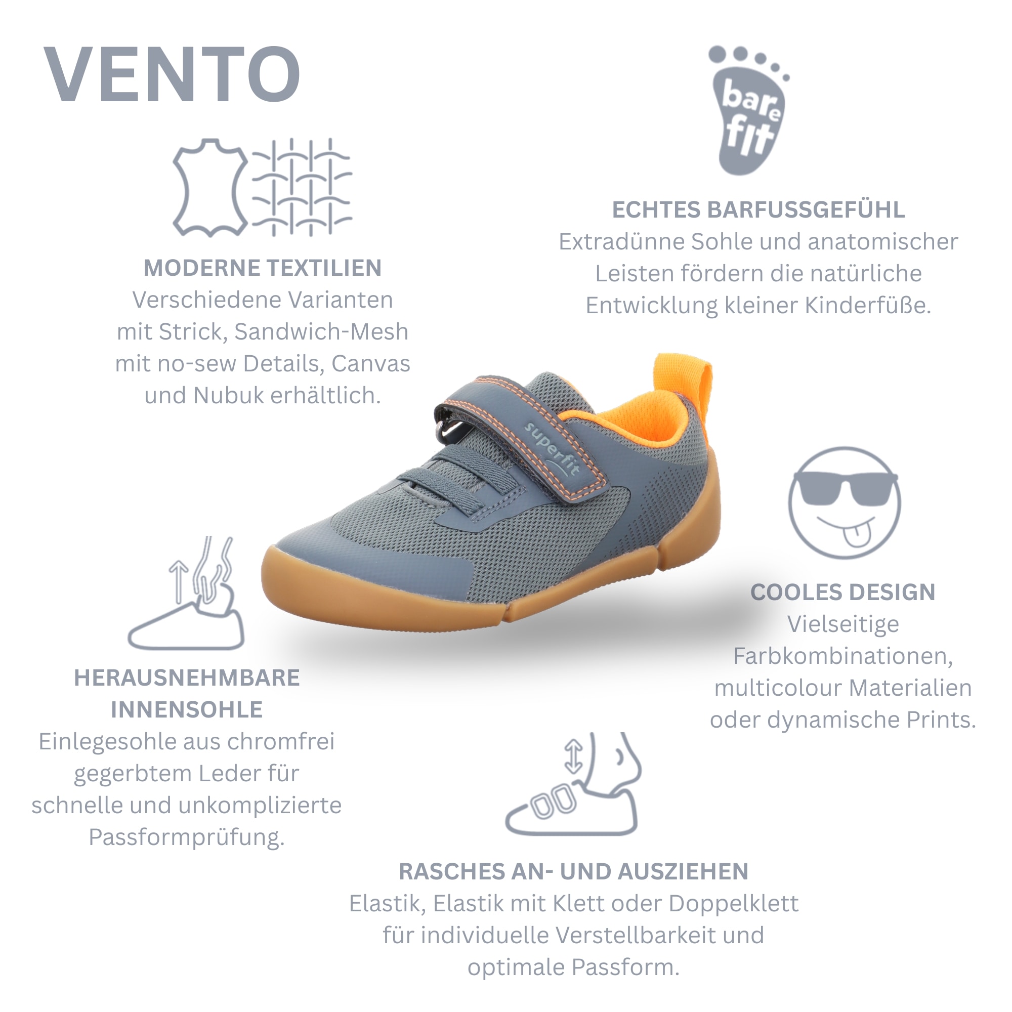 Superfit Barfußschuh »VENTO WMS: weit«  Klettschuh, WMS: weit V, Größenschablone zum Download