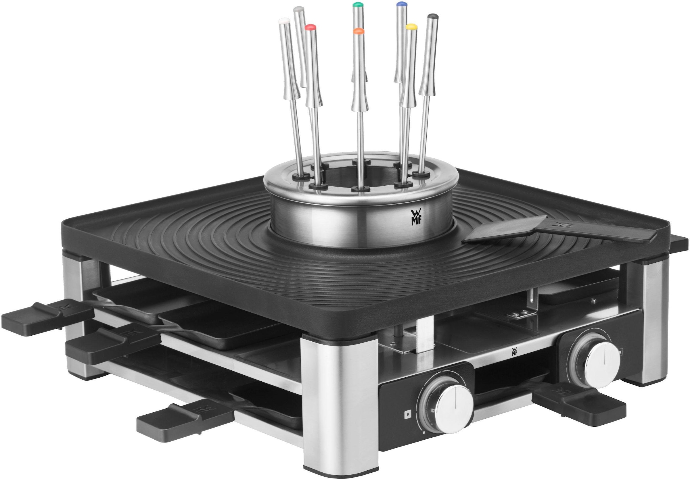 WMF Raclette »Lumero Gourmet Station 3-in-1, Raclette, Fondue und Indoor-Grill«, 8 St. Raclettepfännchen, 1800 W, spülmaschinengeeignete Pfännchen/Platte, Spritzschutz, LED-Beleuchtung