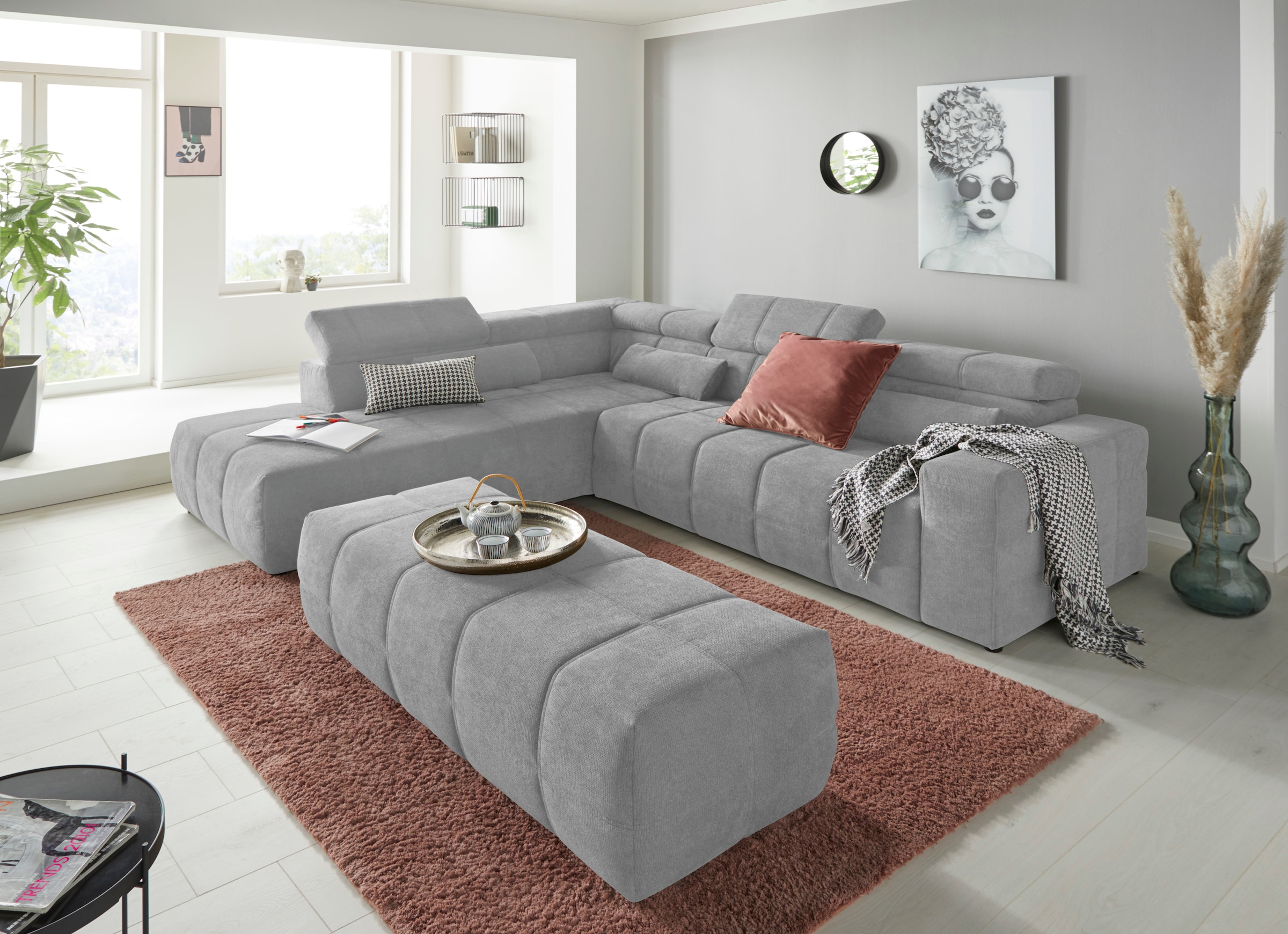 DOMO collection Ecksofa »Brandon L-Form, auch in Leder«, inklusive Kopfteilverstellung, wahlweise mit Sitztiefenverstellung