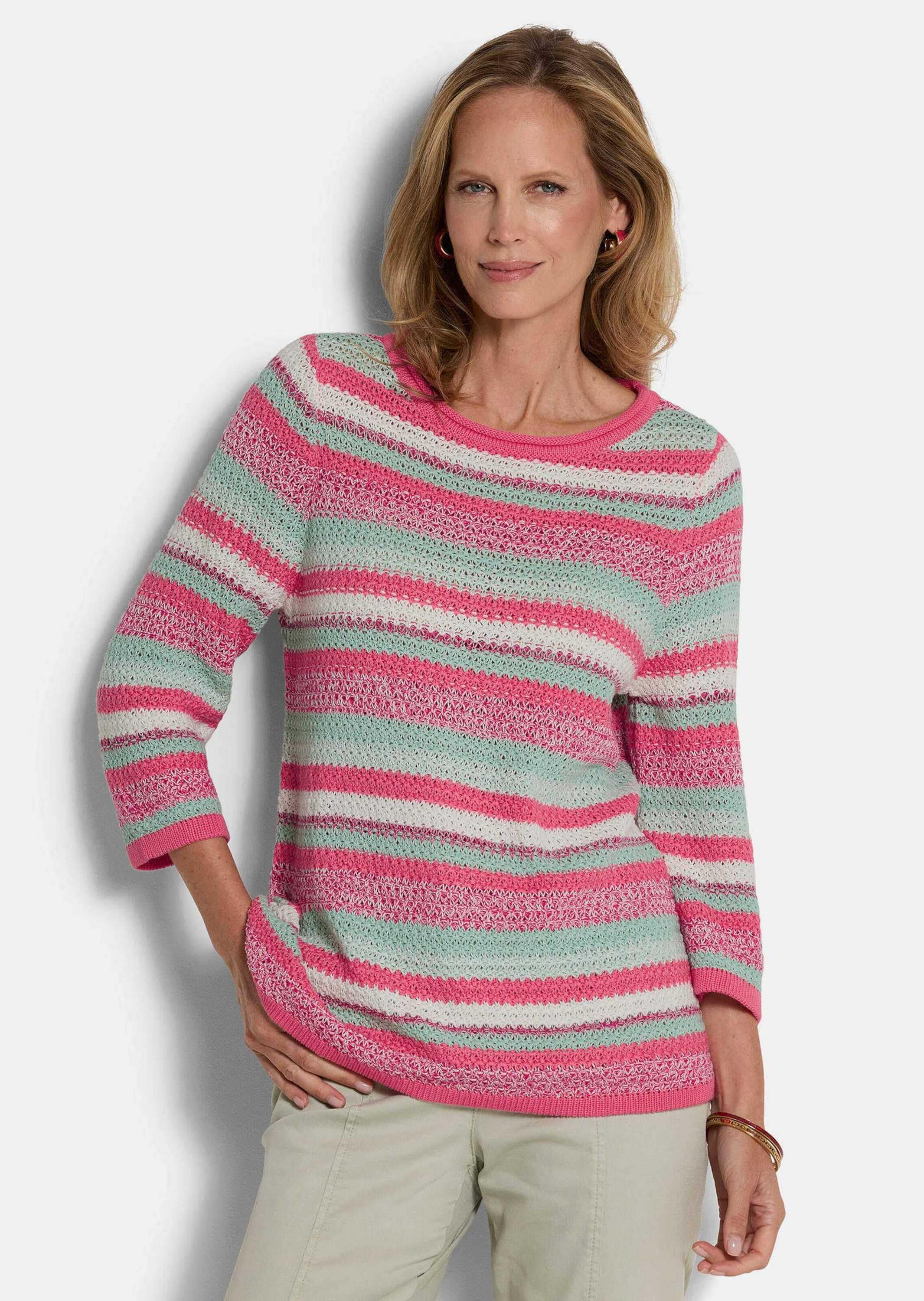 GOLDNER Rundhalspullover »Kurzgröße Baumwollpullover mit Ringel-Muster« Strukturierter Ringelstrick