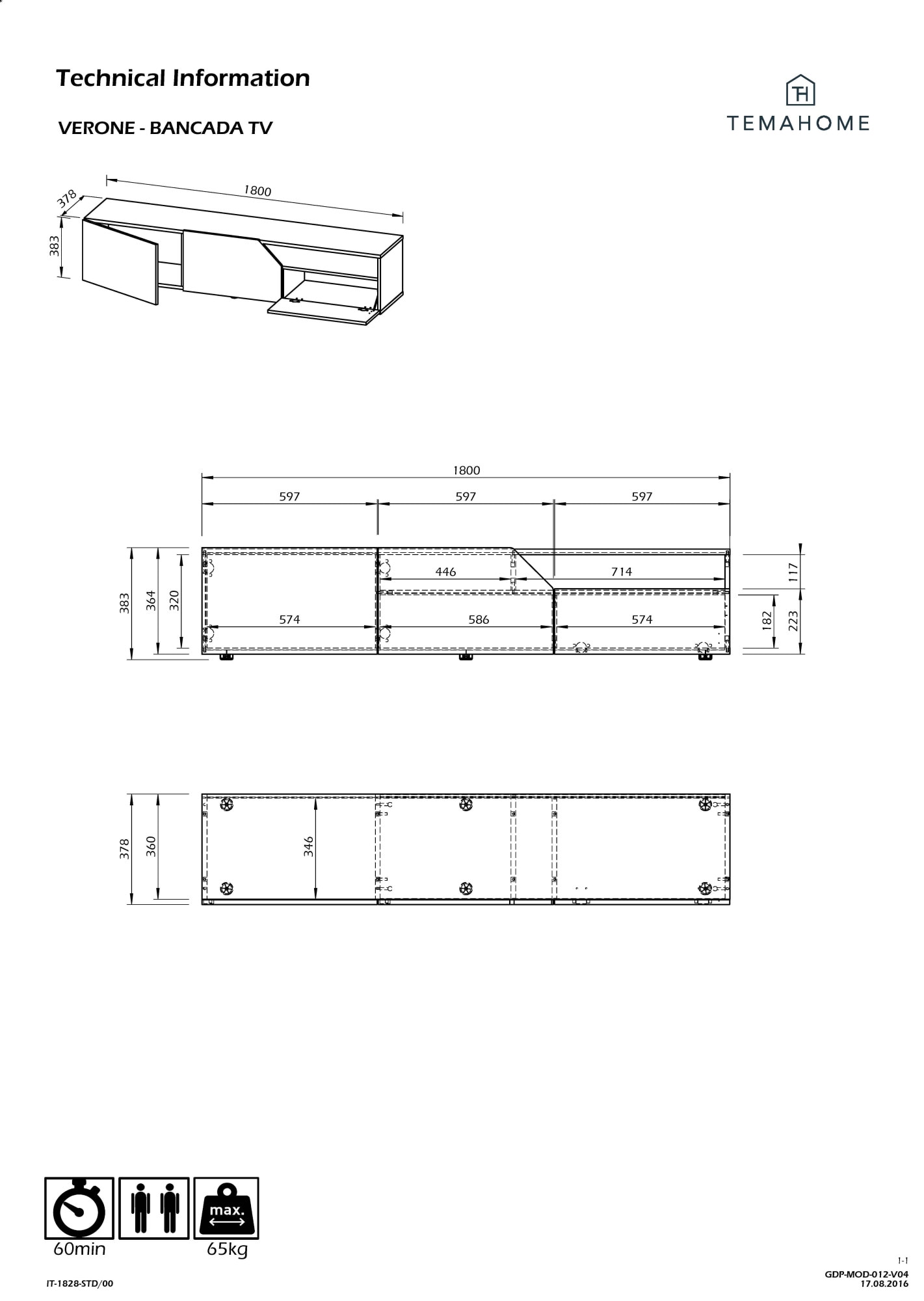 TemaHome TV-Bank »Verone TV Tisch, platsparendes Design, Lowboard,«, praktische Türen, offenes Fach, Breite 180 cm