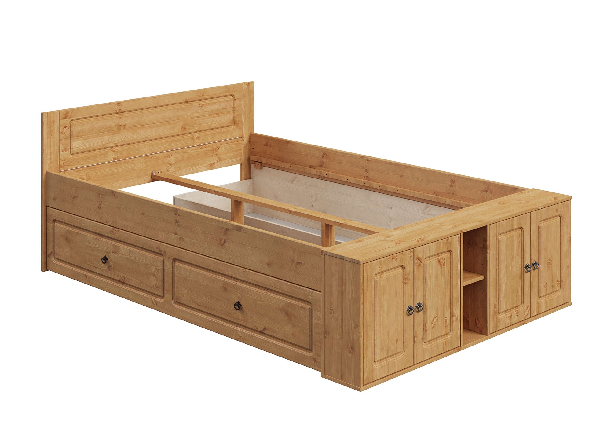 OTTO home Massivholzbett »Paula, mit Türen und Ablage, Schublade optional, Landhausstil« (B/T/H: 148,8/224,4/82 cm,  Massive Kiefer, extra viel Stauraum im Fußteil, FSC®-zertifiziert