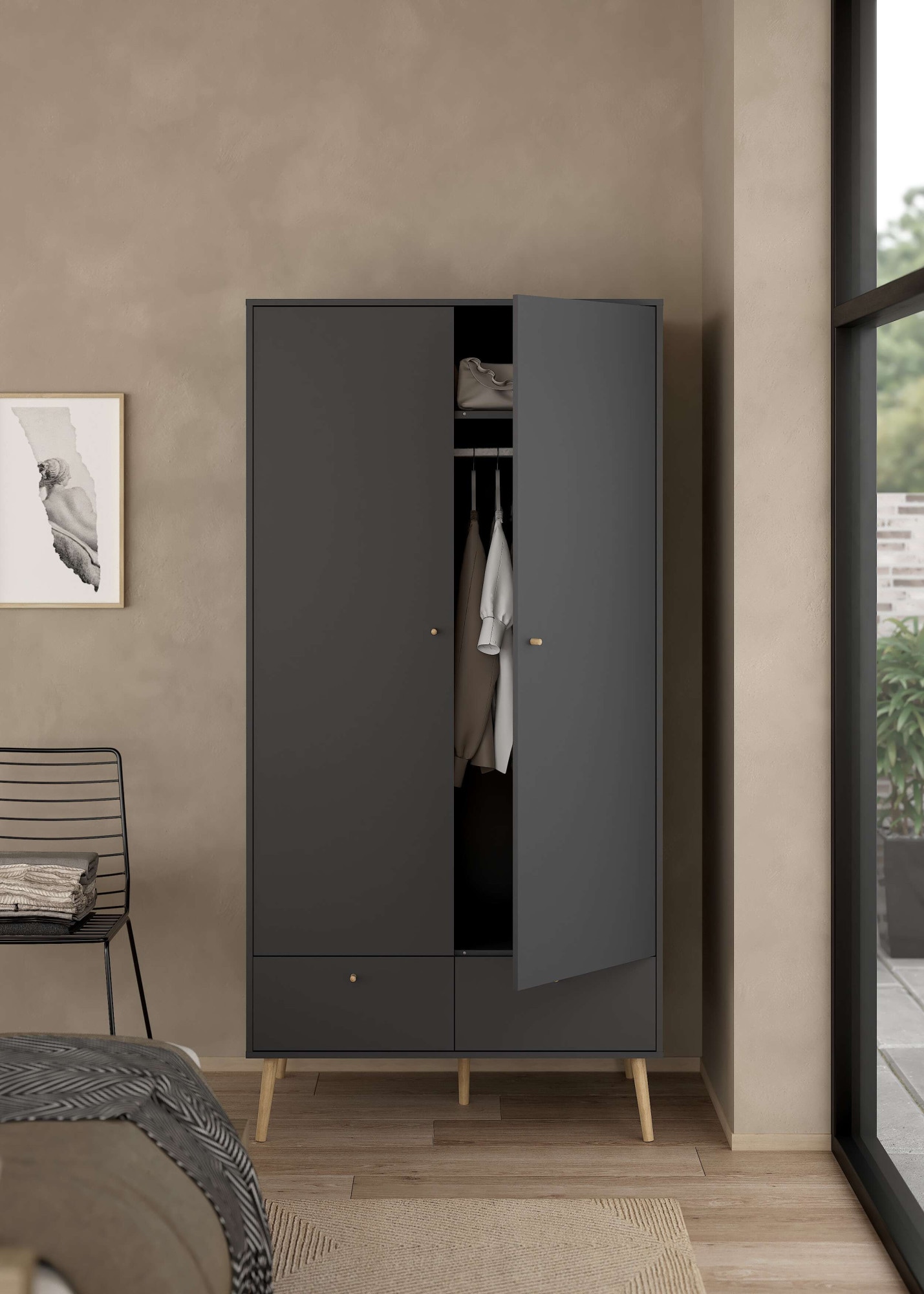 andas Kleiderschrank »Bodo, Drehtürenschrank, Aufbewahrung Kasten Schrank Stauraum«, 2 Türen, 2 Schubladen, Beine und Griffe Massivholz, Breite 99 cm