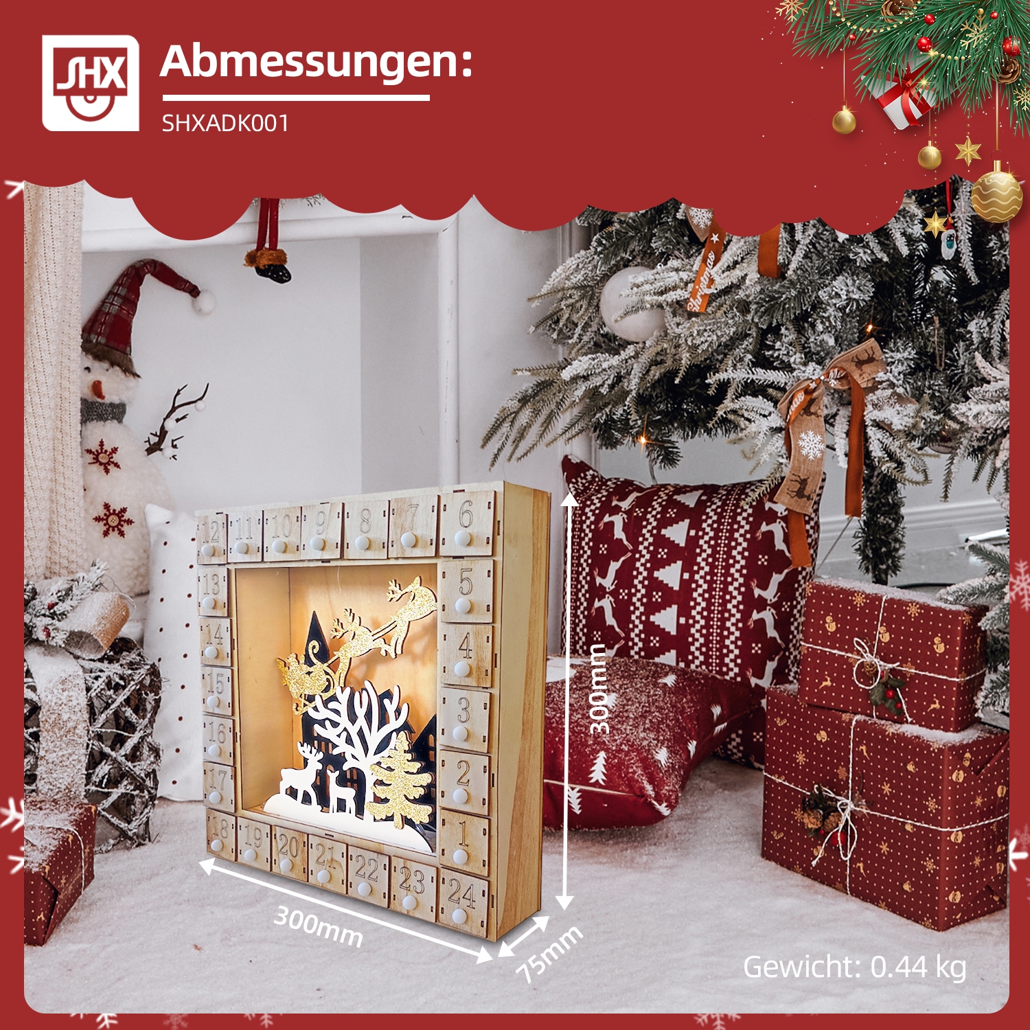 SHX Dekoobjekt »Adventkalender mit Motiv "Haus"«, LED-Licht, liebevoll gestaltetes Motiv, Kästchen mit 4x4 cm