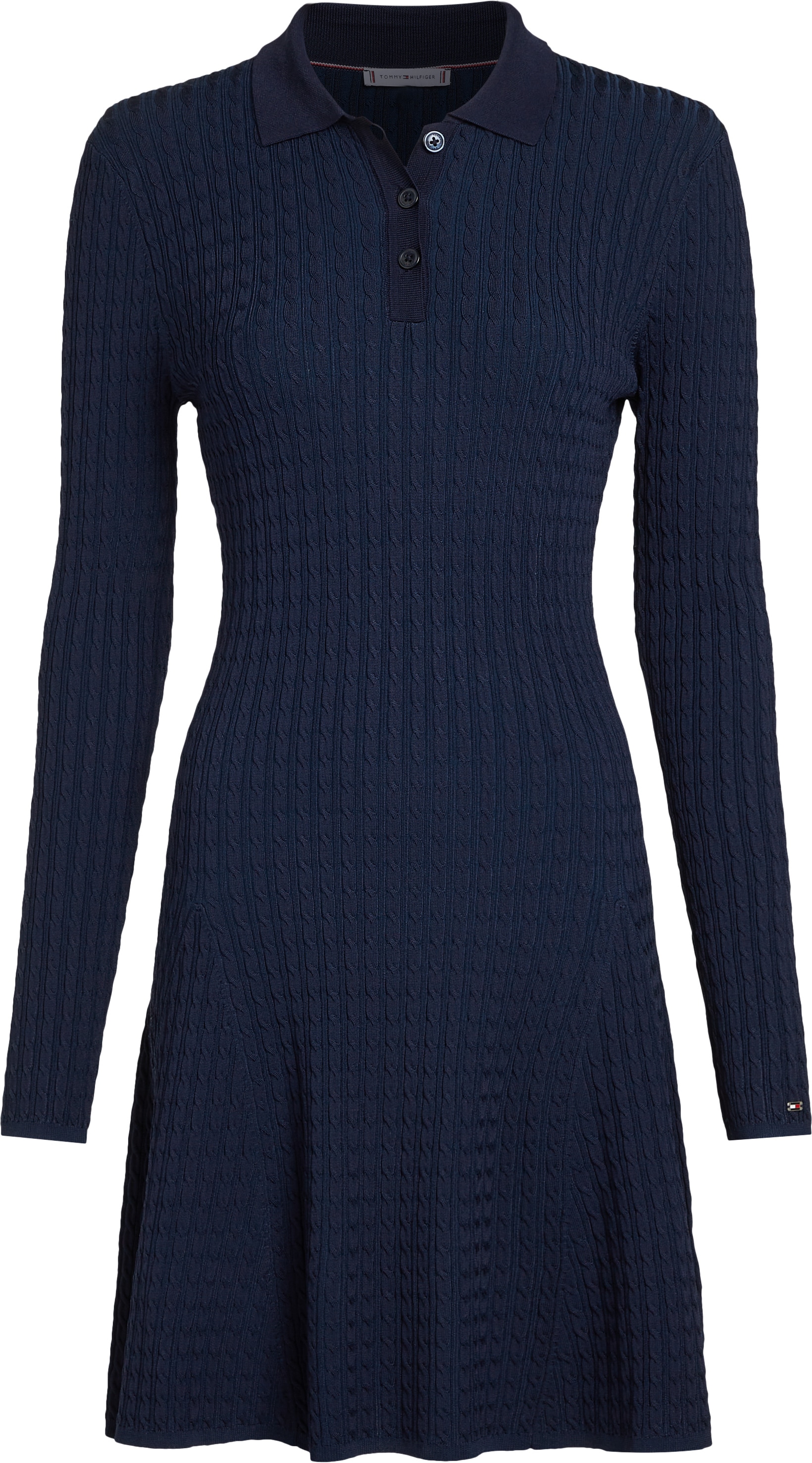 Tommy Hilfiger Strickkleid »RAYON CABLE F&F LS MIDI DRESS«, mit Zopfmuster, Metalllabel