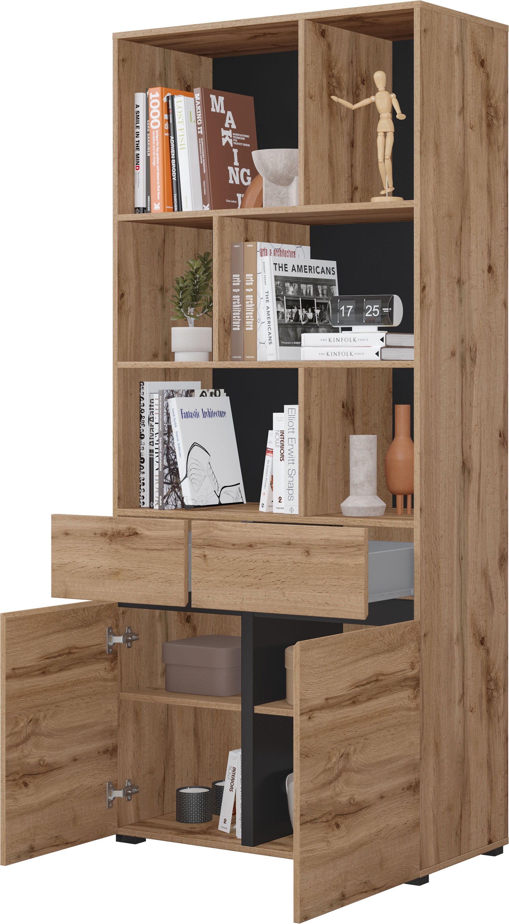 OTTO home Aktenschrank »Cross, Breite 85 cm, modernem grifflose Standregal, Bücherregal« Standregal mit 6 offene Fächern, 2 Schubladen und 2 Türen, Büroregal