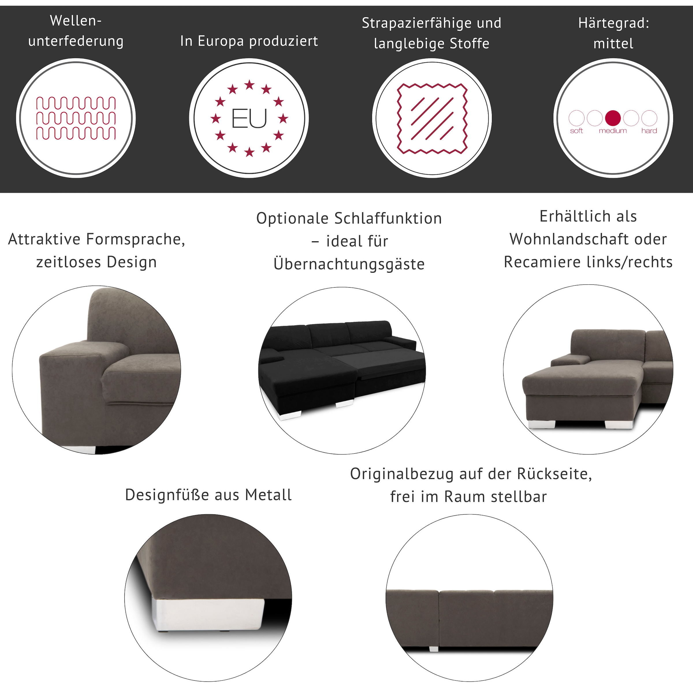 DOMO collection Ecksofa »Star, zeitlose Formensprache, elegante Optik, L-Form« wahlweise mit Bettfunktion