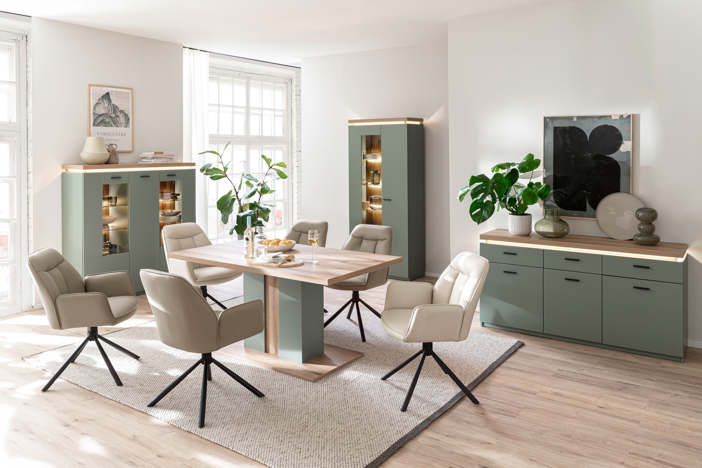 MCA furniture Sideboard »MONIZ Sideboard«, (1 St.), Kommode,Eiche Salbeigrün,3 Türen,3 Schubkästen,gedämpft,Breite 156 cm