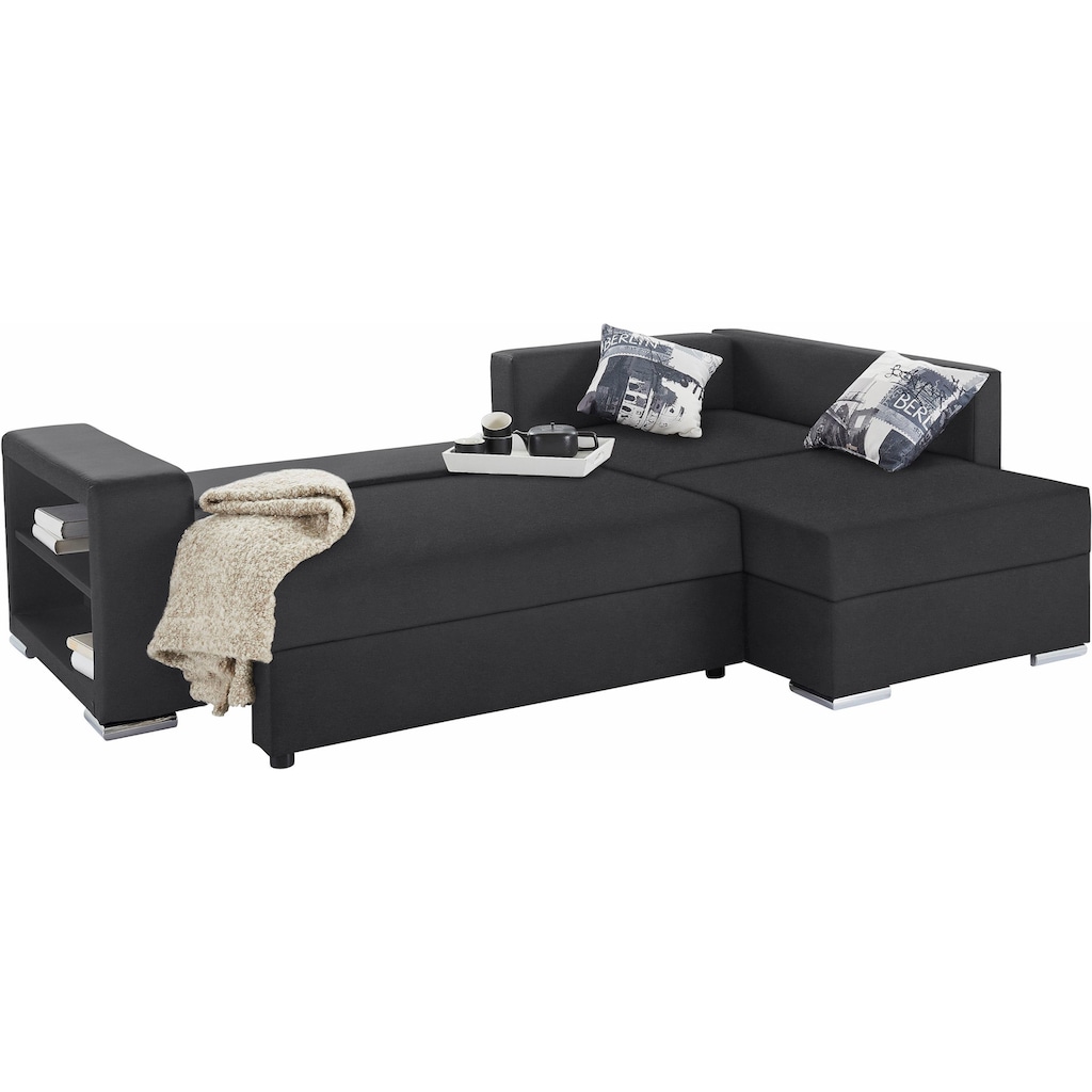 Ecksofa John mit Bettfunktion, Bettkasten und Regalarmteil