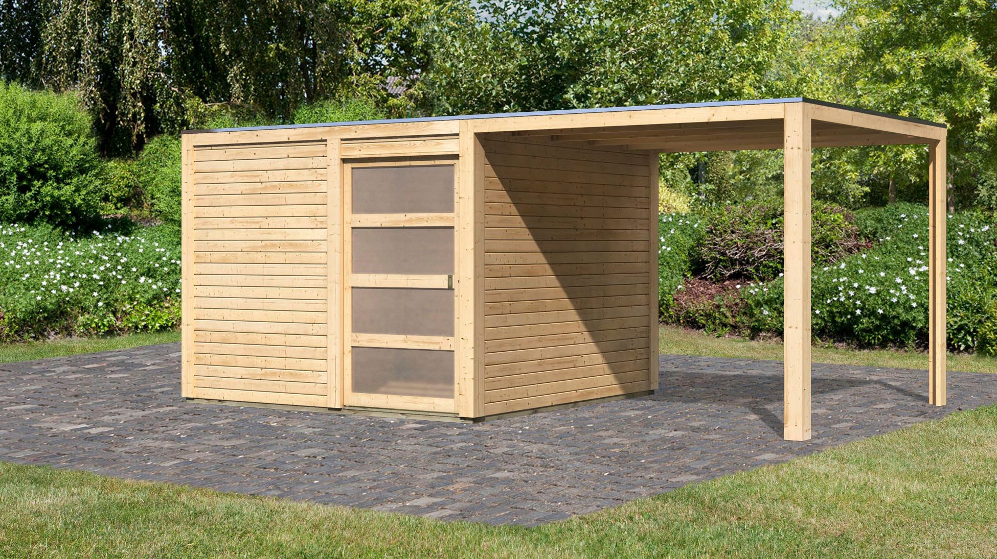 Karibu Gartenhaus »Quellsee 2« mit Anbaudach, naturbelassen oder terragrau
