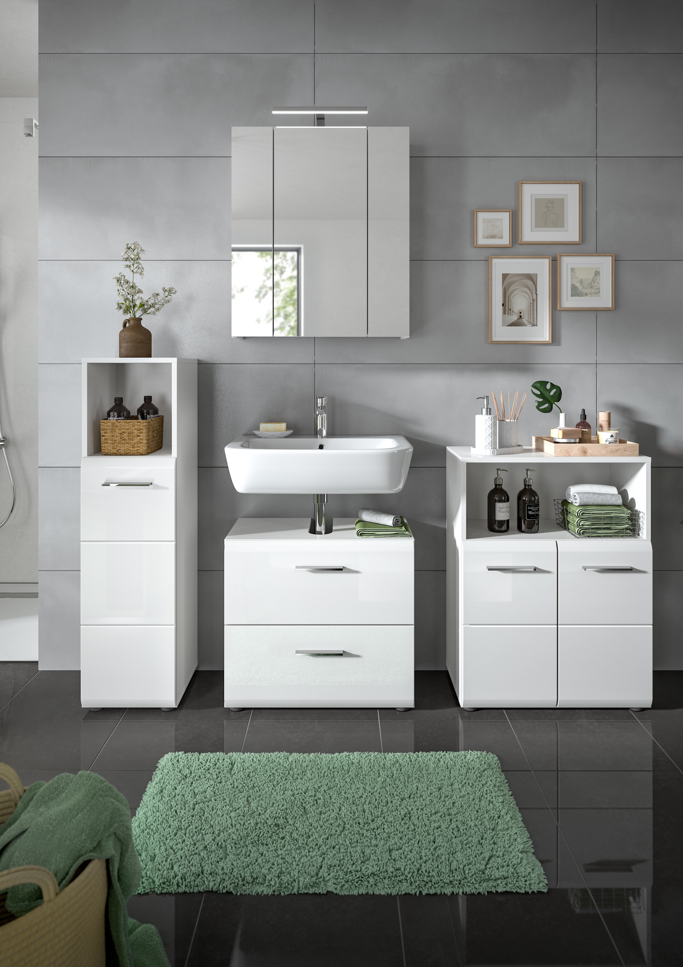 INOSIGN Waschbeckenunterschrank »FLORENZ, TOPSELLER!, Breite 60 cm, 2 Schubkästen,ink. Siphonausschnitt«, hochwertige MDF Front, Griff chromglänzend, Badschrank, Bad