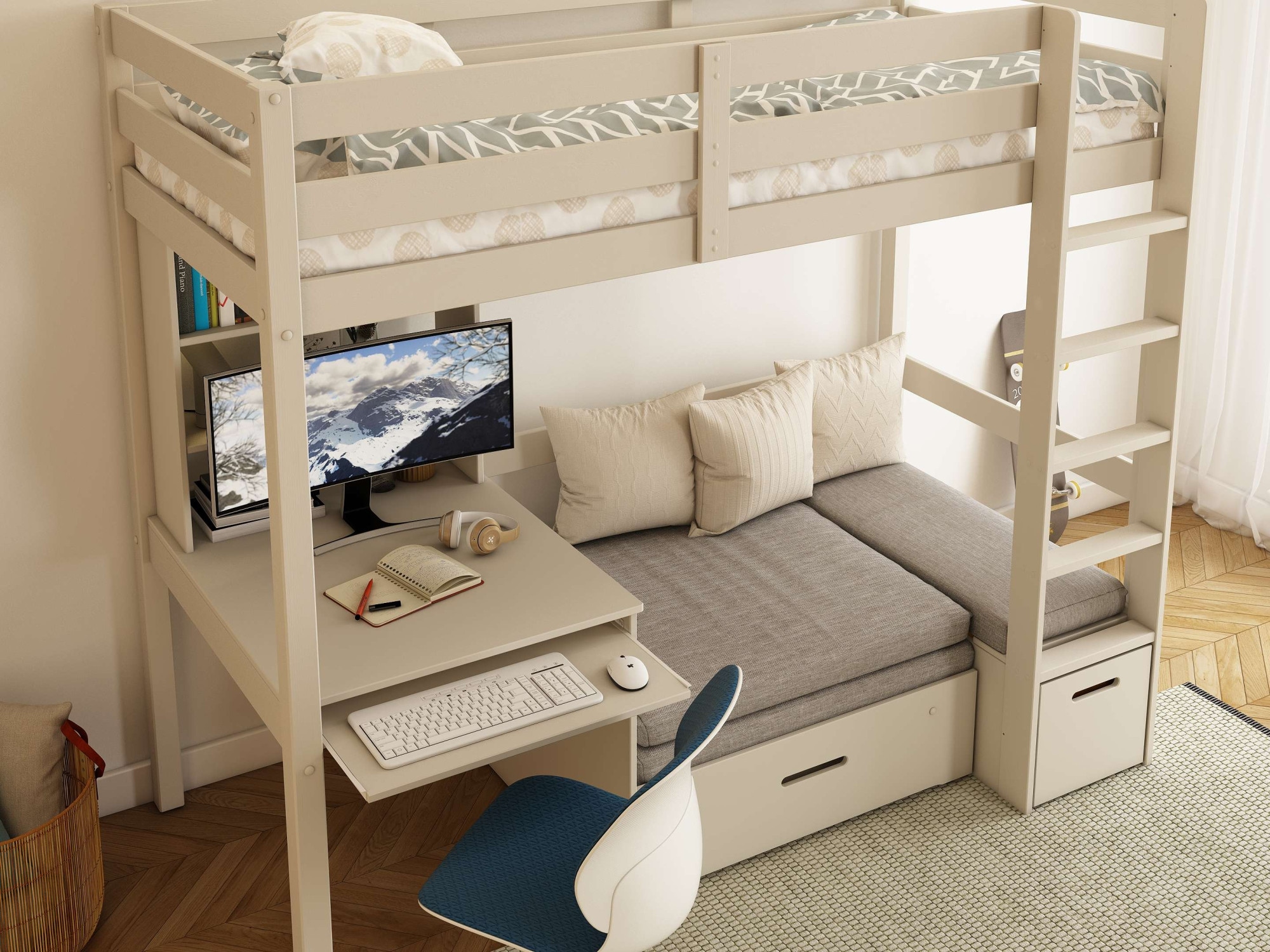 OTTO home Etagenbett »HENNE' TOPSELLER! Hochbett, Ideal für kleine Räume, 2 Schlafplätze« zweiter Schlafplatz ausziehbar, B/H/T ca. 208/180/105cm,  mit Polsterauflagen, Schreibtisch, Stauraum, seitenverkehrt montierbar