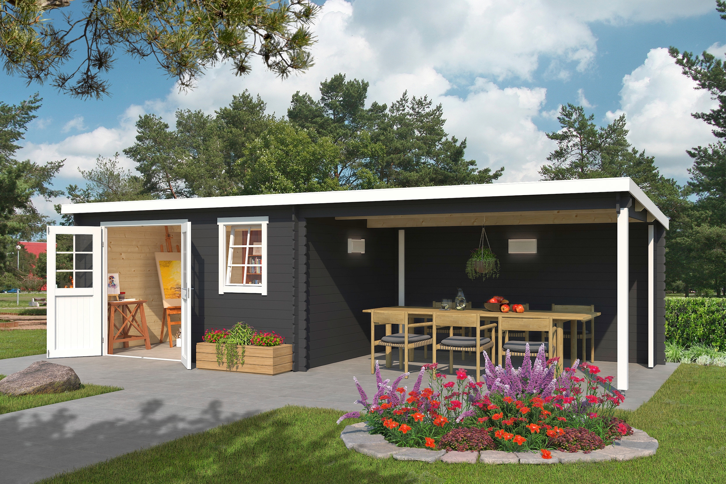 LASITA MAJA Gartenhaus "Reno" Blockbohlenhaus 28mm, mit Anbau