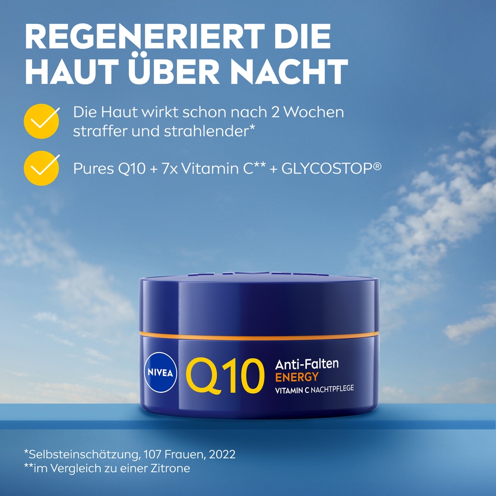 Nivea Nachtcreme »Q10 ANTI-FALTEN ENERGY VITAMIN C NACHTPFLEGE« wirkt gezielt gegen Stress-Anzeichen (Linien, fahler Teint)