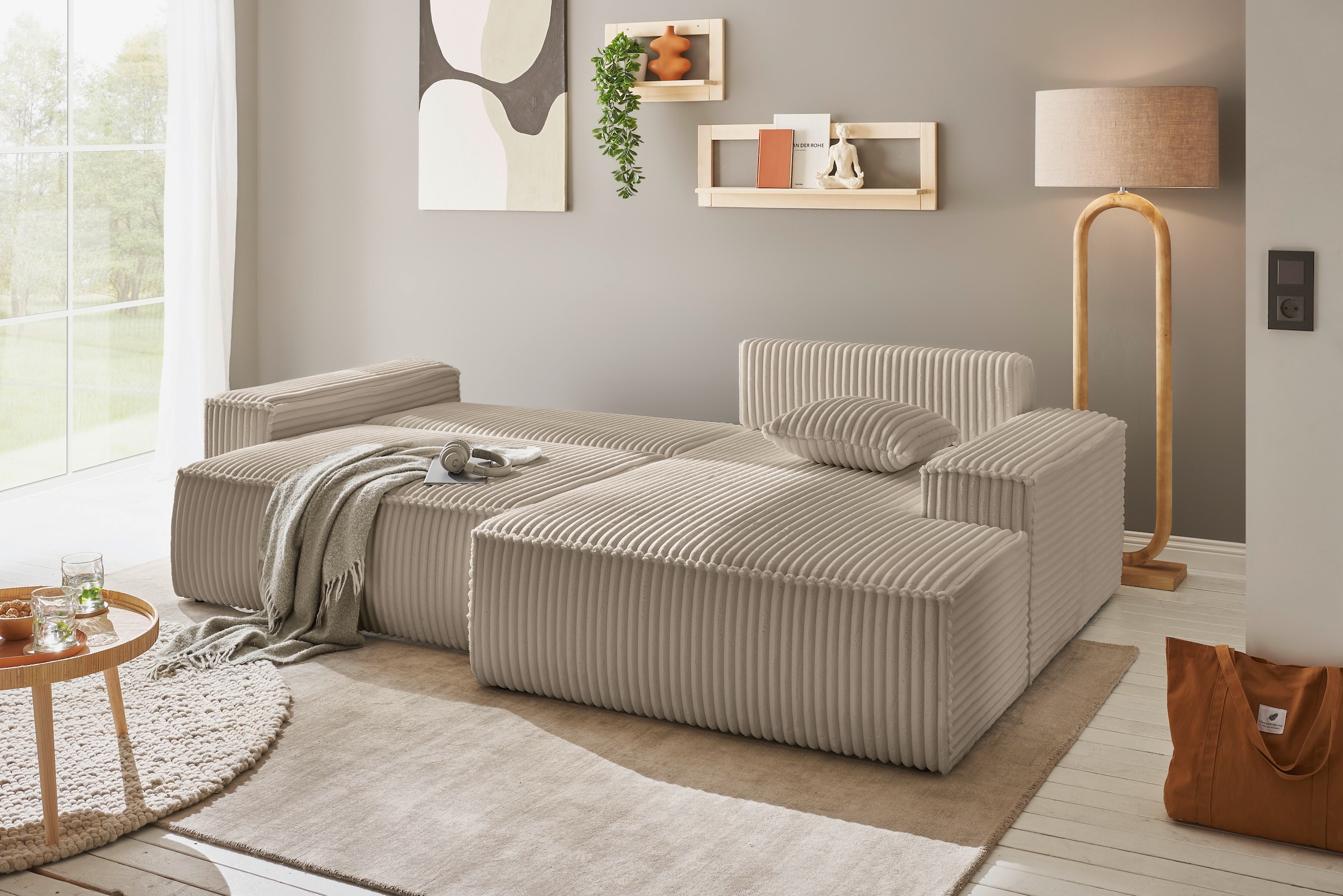 andas Ecksofa »Finnley Schlafsofa 267 cm in Bouclé, Struktur fein u. Cord, L-Form,«, Schlaffunktion m. Bettkasten (136/210 cm), Bouclé, Struktur und Cord