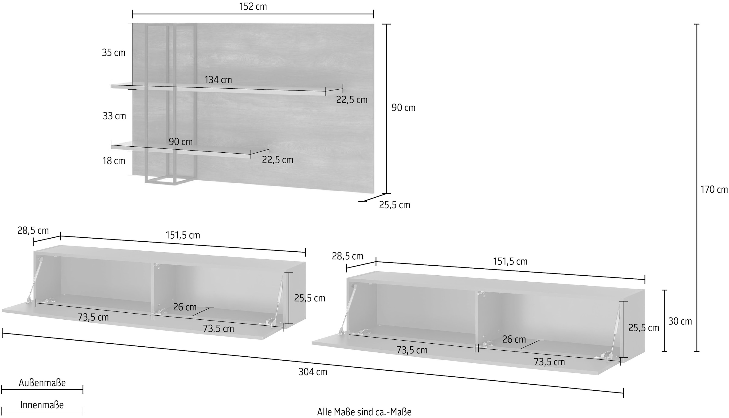 INOSIGN Wohnwand »LARGO«, (Set, 3 St.), Klappen mit Push to open-Funktion