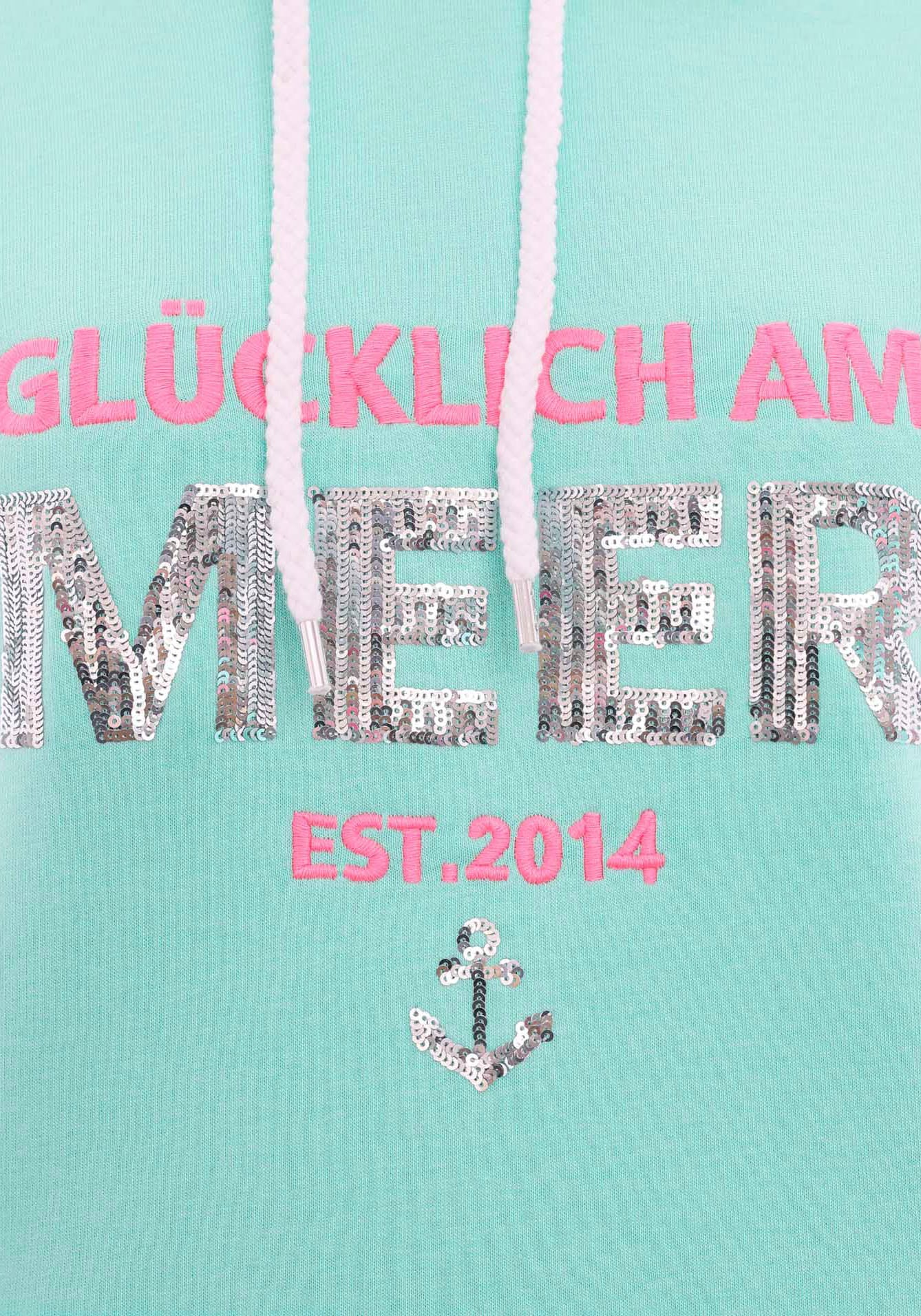 Zwillingsherz Hoodie »"Glücklich am Meer"«, mit Pailletten, Kapuze und kontrastfarbigen Bündchen