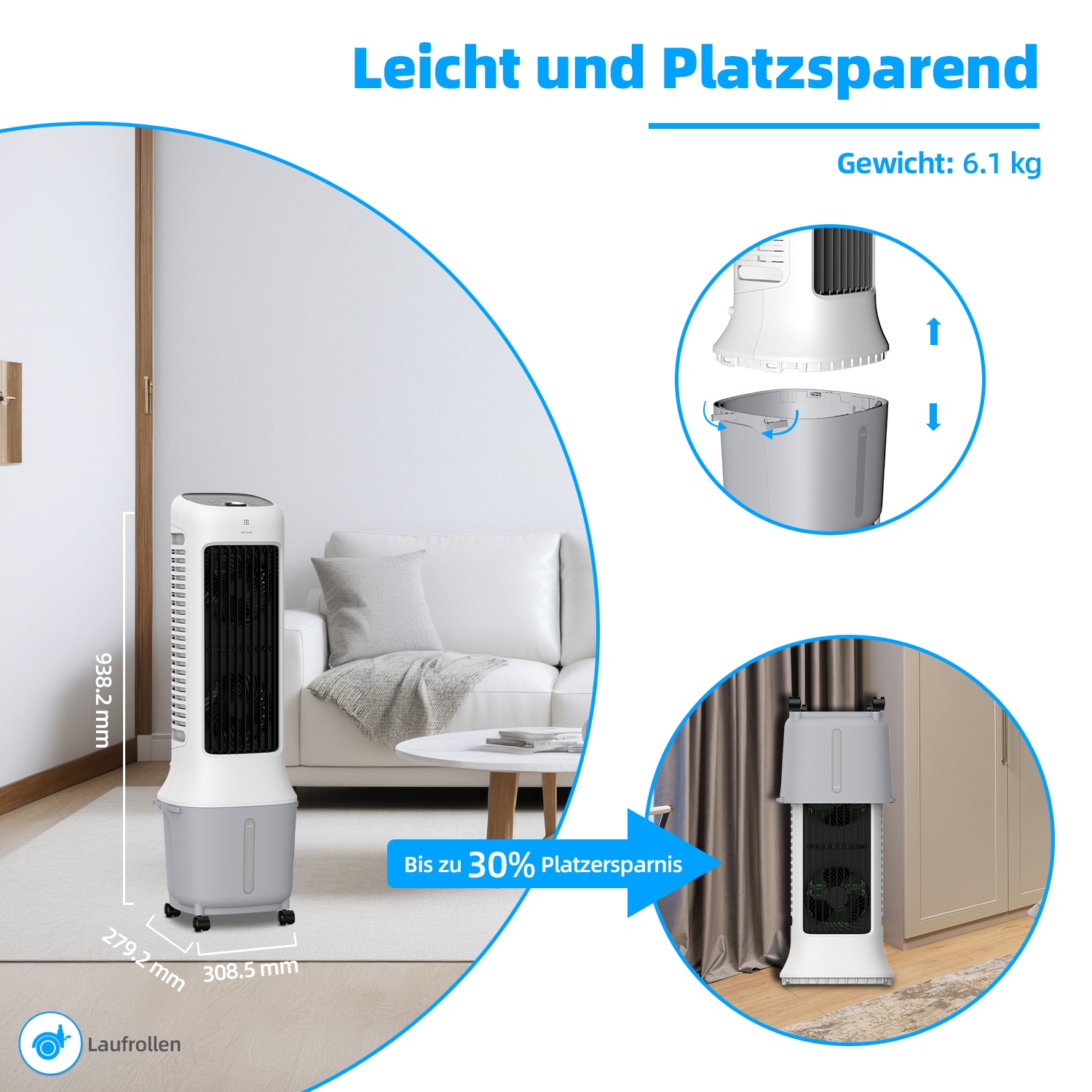 be cool Ventilatorkombigerät »Premium Turmluftkühler mit Wifi und abnehmb. 10l Tank«, 24 Geschwindigkeitsstufen, abnehmbarer Wassertank, WiFi