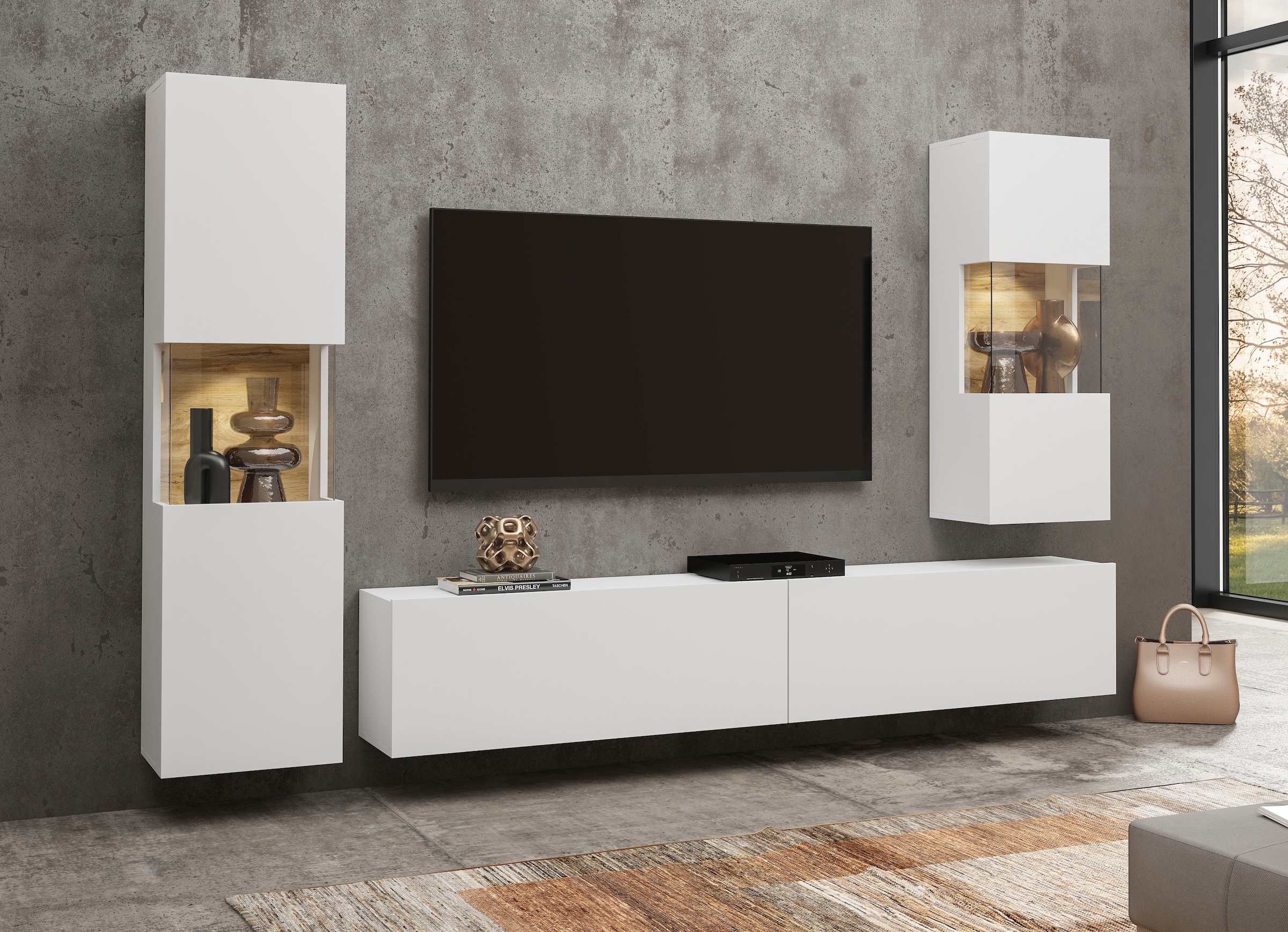 INOSIGN Wohnwand »Ava, Wohnzimmer-Set hängend/stehend montierbar, Vitrine, Lowboard«, 3-tlg.