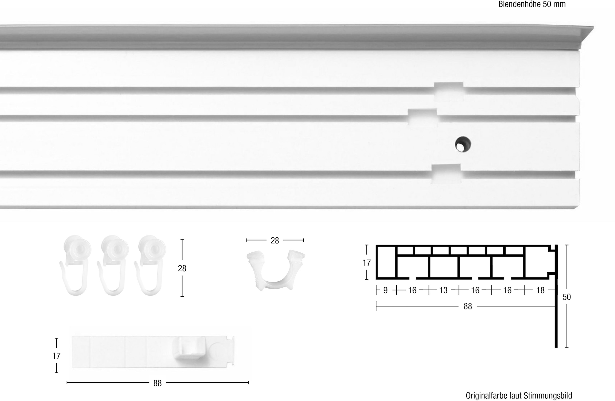 GARESA Gardinenschiene »Kunststoffschiene 3 verlängerbar, Deckenmontage, Montage, läufig-läufig, schlicht einfache mit Wunschmaßlänge, Blende«