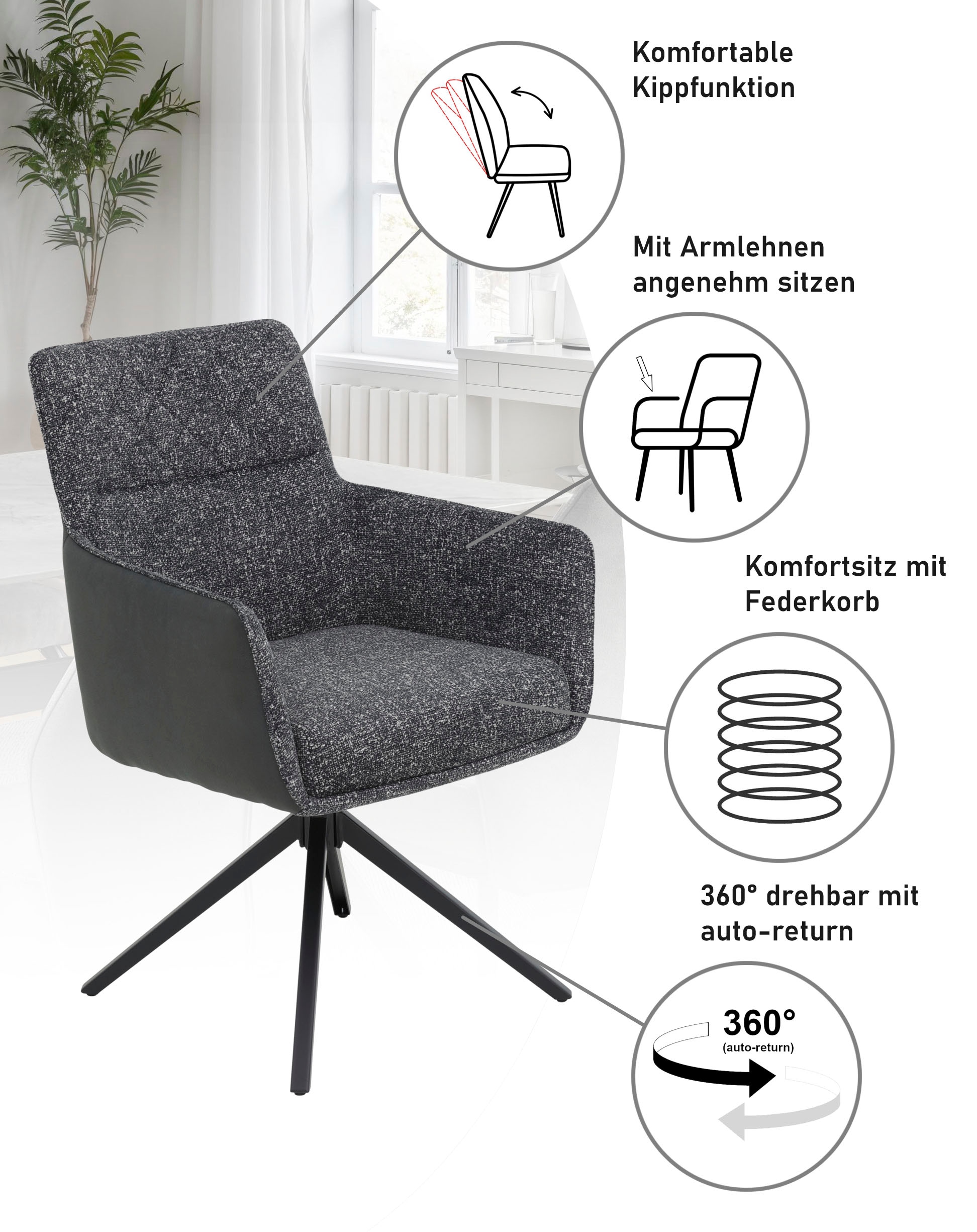 HELA 4-Fußstuhl »UDINE, Funktionsstuhl, Armlehnenstuhl« (Set) 1 Stk.360°drehbar mit Auto-Return,Wippfunktion, Federkorb, Stoffkombination